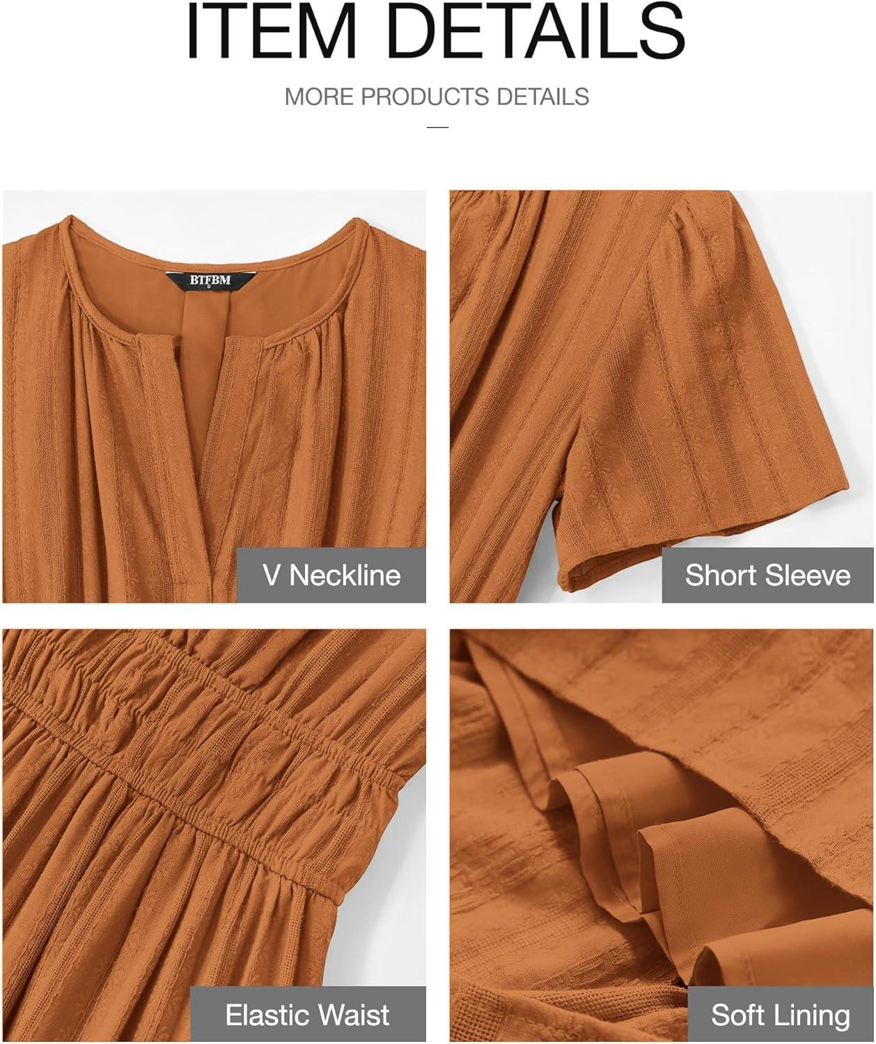 imageBTFBM Womens Summer 2025 Casual Midi Maxi Dresses Lightweight Short Sleeve V Neck Elastic Waist Boho Beach Dress PocketsBrown Orange