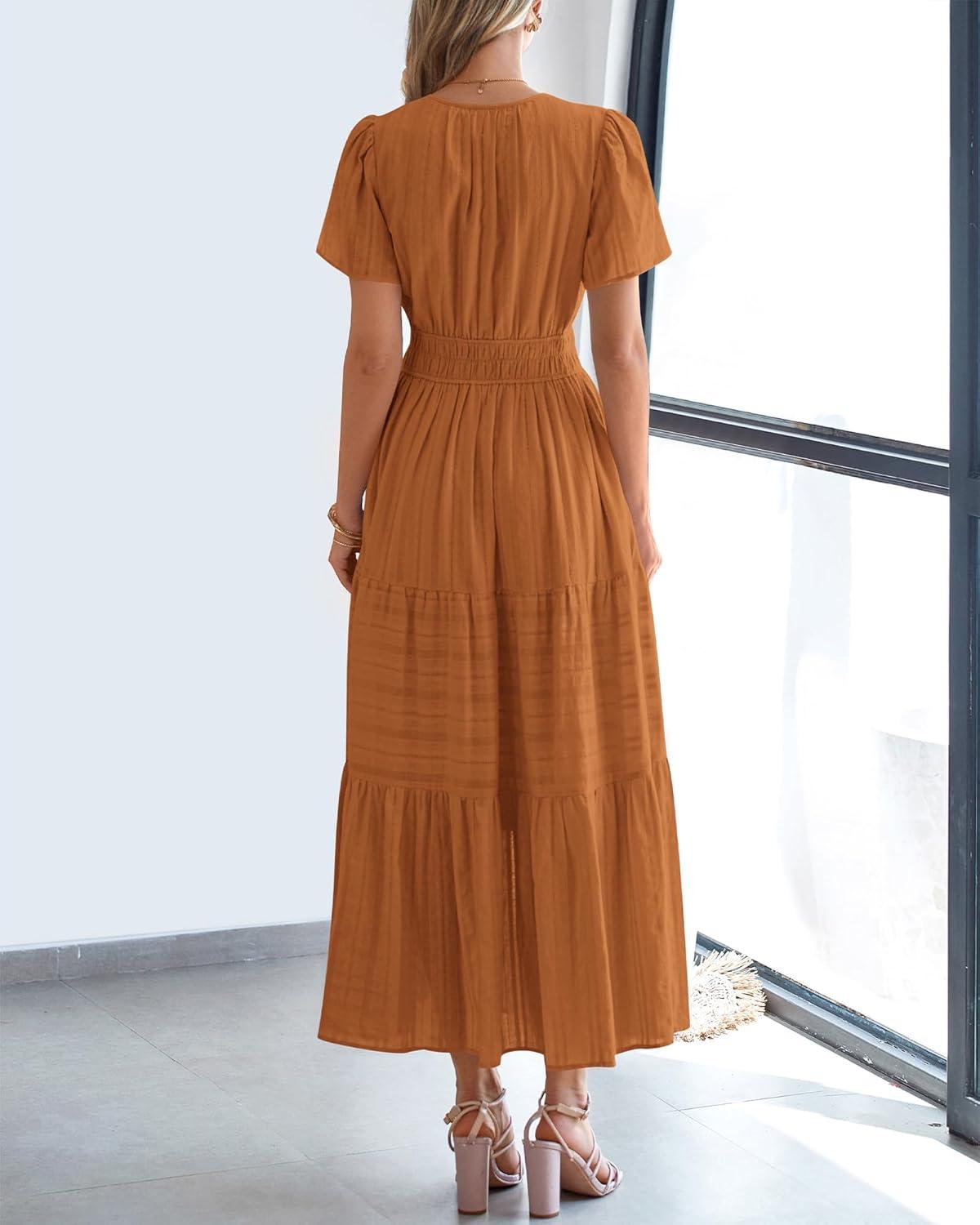 imageBTFBM Womens Summer 2025 Casual Midi Maxi Dresses Lightweight Short Sleeve V Neck Elastic Waist Boho Beach Dress PocketsBrown Orange