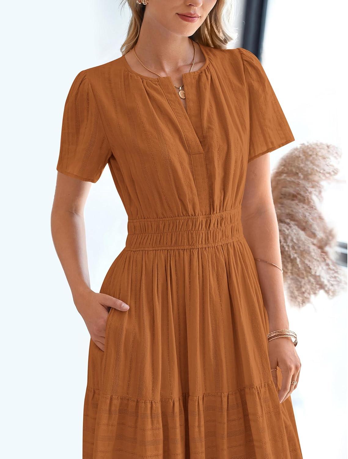 imageBTFBM Womens Summer 2025 Casual Midi Maxi Dresses Lightweight Short Sleeve V Neck Elastic Waist Boho Beach Dress PocketsBrown Orange