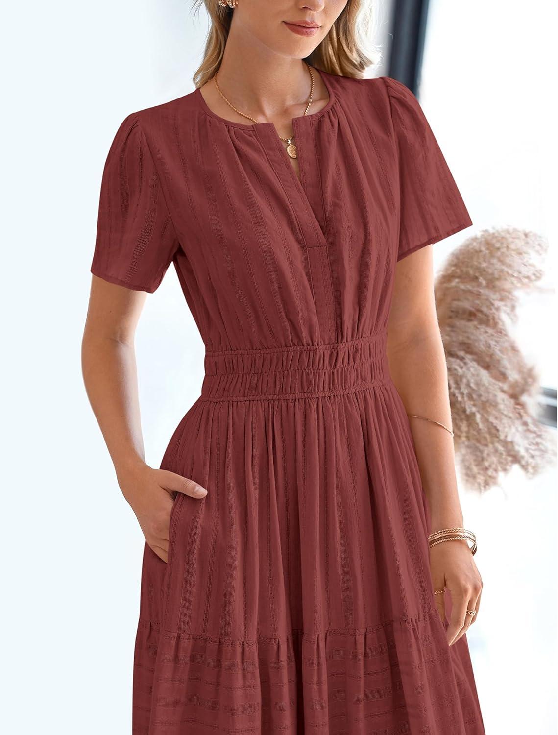 imageBTFBM Womens Summer 2025 Casual Midi Maxi Dresses Lightweight Short Sleeve V Neck Elastic Waist Boho Beach Dress PocketsBrown Red