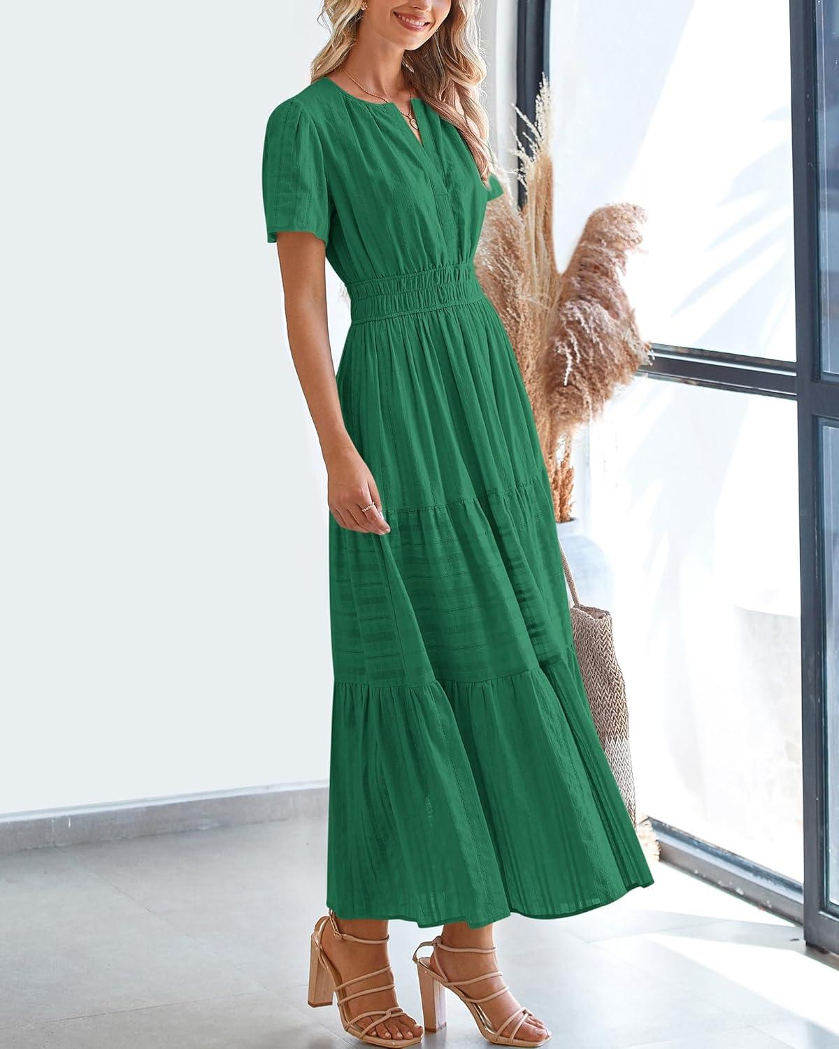 imageBTFBM Womens Summer 2025 Casual Midi Maxi Dresses Lightweight Short Sleeve V Neck Elastic Waist Boho Beach Dress PocketsDark Green