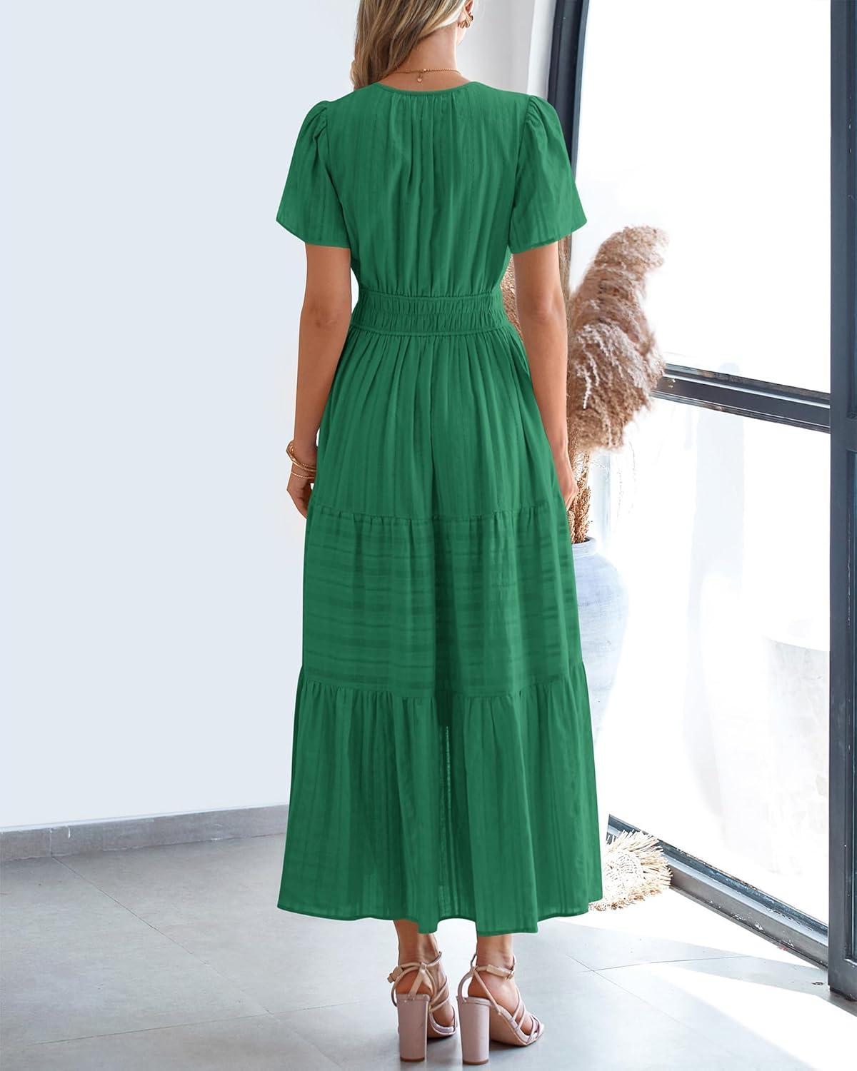 imageBTFBM Womens Summer 2025 Casual Midi Maxi Dresses Lightweight Short Sleeve V Neck Elastic Waist Boho Beach Dress PocketsDark Green