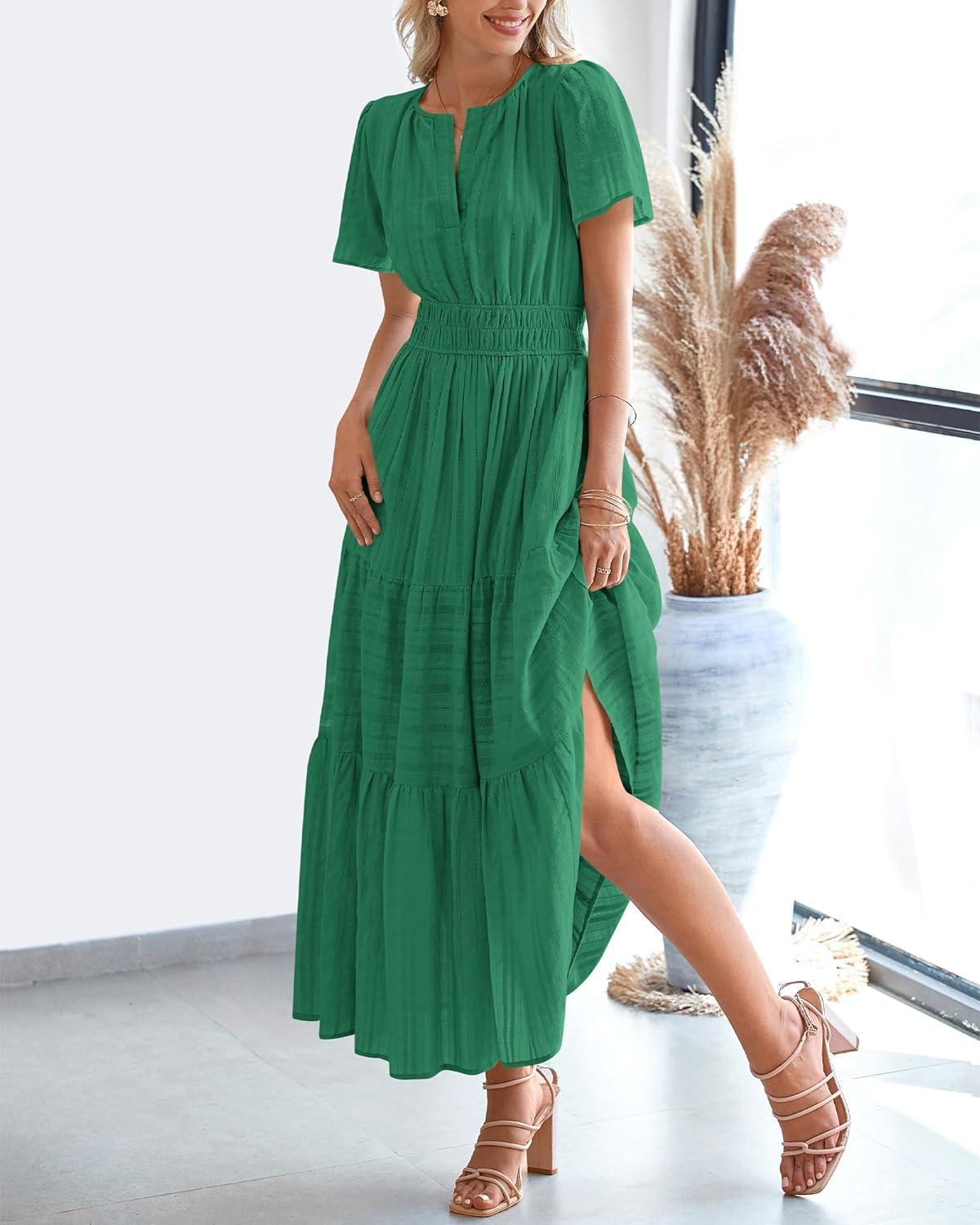 imageBTFBM Womens Summer 2025 Casual Midi Maxi Dresses Lightweight Short Sleeve V Neck Elastic Waist Boho Beach Dress PocketsDark Green