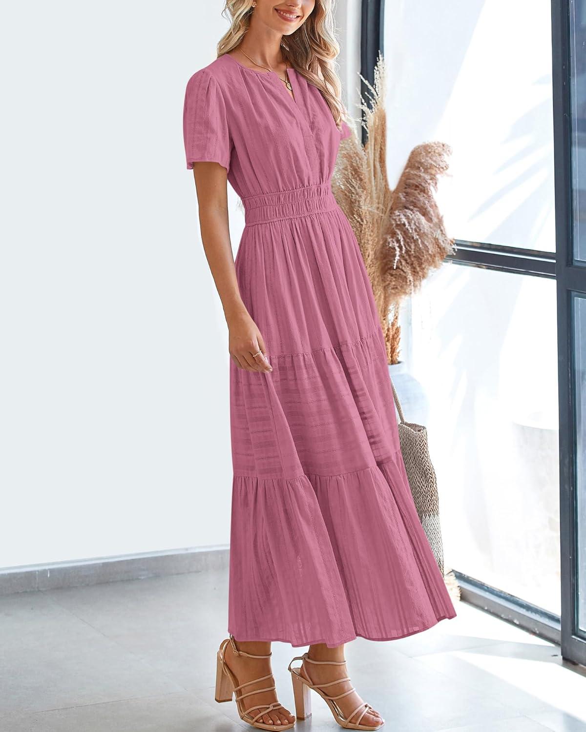 imageBTFBM Womens Summer 2025 Casual Midi Maxi Dresses Lightweight Short Sleeve V Neck Elastic Waist Boho Beach Dress PocketsDusty Pink