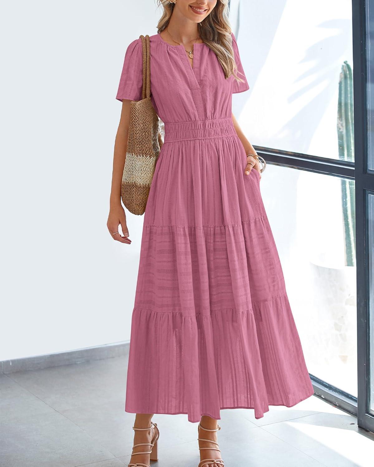 imageBTFBM Womens Summer 2025 Casual Midi Maxi Dresses Lightweight Short Sleeve V Neck Elastic Waist Boho Beach Dress PocketsDusty Pink