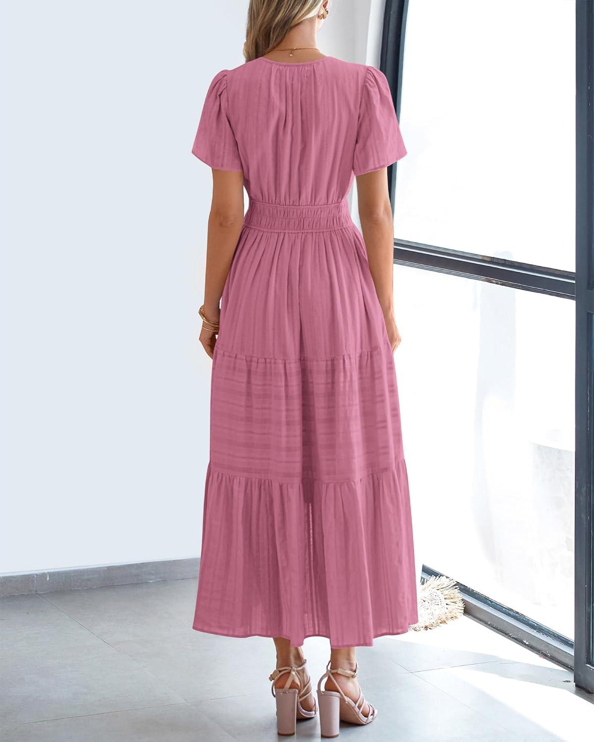 imageBTFBM Womens Summer 2025 Casual Midi Maxi Dresses Lightweight Short Sleeve V Neck Elastic Waist Boho Beach Dress PocketsDusty Pink