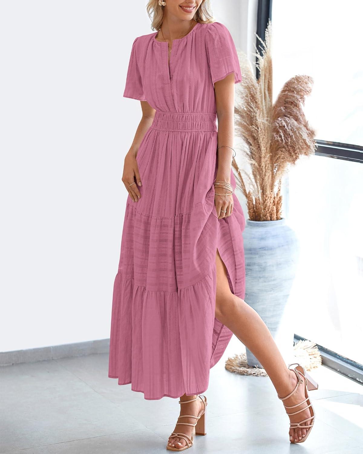 imageBTFBM Womens Summer 2025 Casual Midi Maxi Dresses Lightweight Short Sleeve V Neck Elastic Waist Boho Beach Dress PocketsDusty Pink
