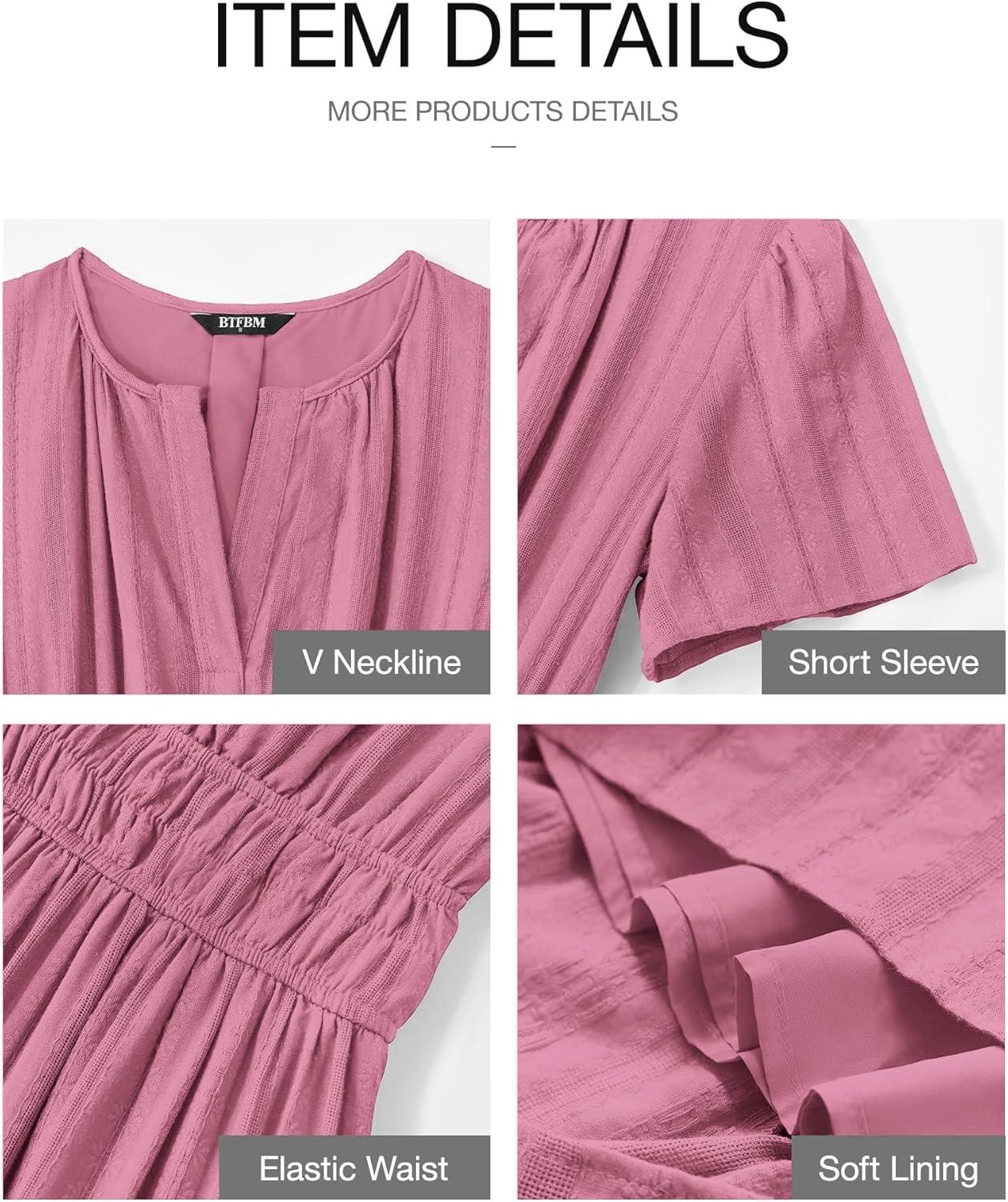 imageBTFBM Womens Summer 2025 Casual Midi Maxi Dresses Lightweight Short Sleeve V Neck Elastic Waist Boho Beach Dress PocketsDusty Pink