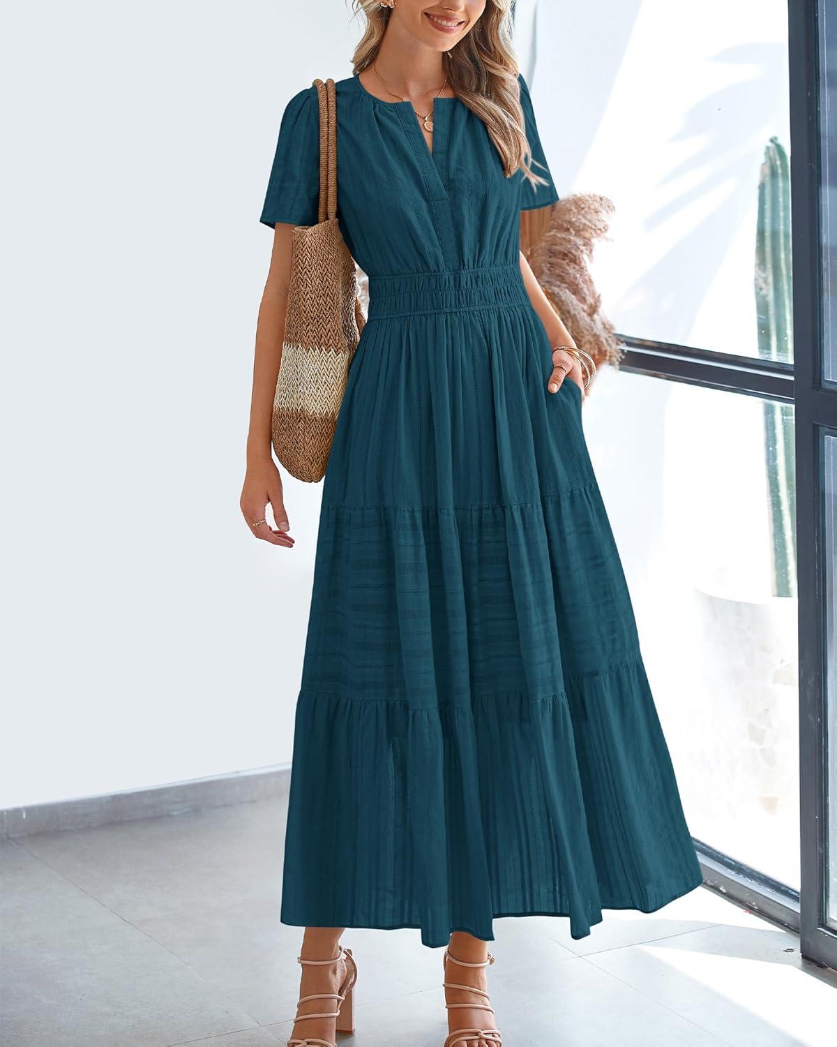 imageBTFBM Womens Summer 2025 Casual Midi Maxi Dresses Lightweight Short Sleeve V Neck Elastic Waist Boho Beach Dress PocketsLake Blue