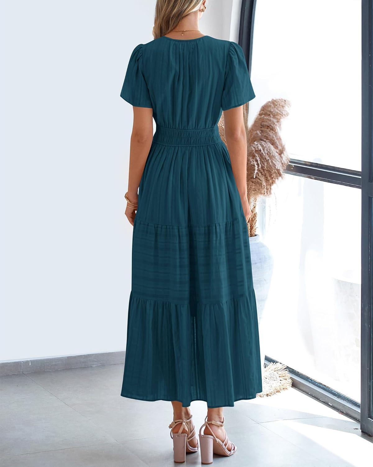 imageBTFBM Womens Summer 2025 Casual Midi Maxi Dresses Lightweight Short Sleeve V Neck Elastic Waist Boho Beach Dress PocketsLake Blue