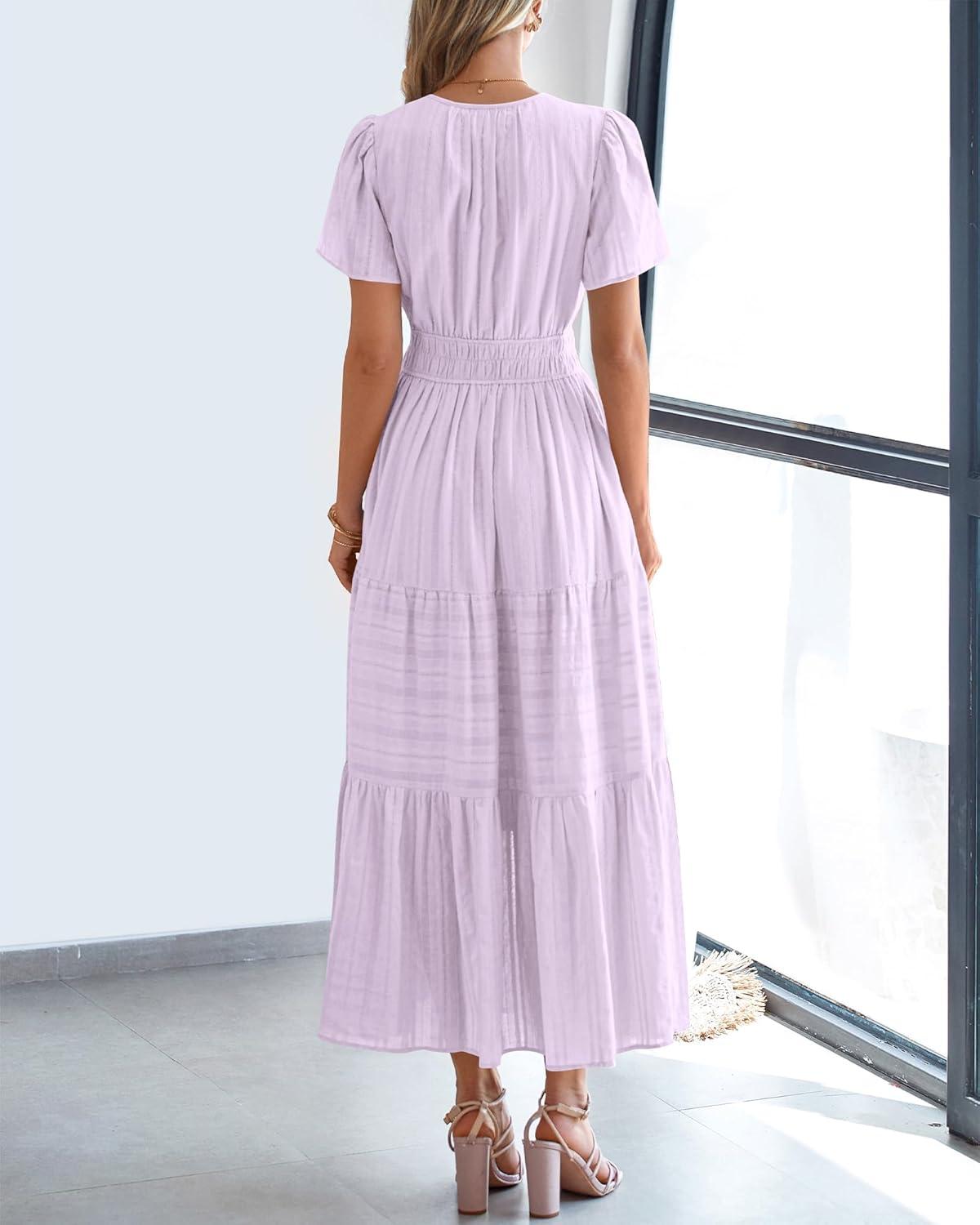 imageBTFBM Womens Summer 2025 Casual Midi Maxi Dresses Lightweight Short Sleeve V Neck Elastic Waist Boho Beach Dress PocketsLight Pink Purple