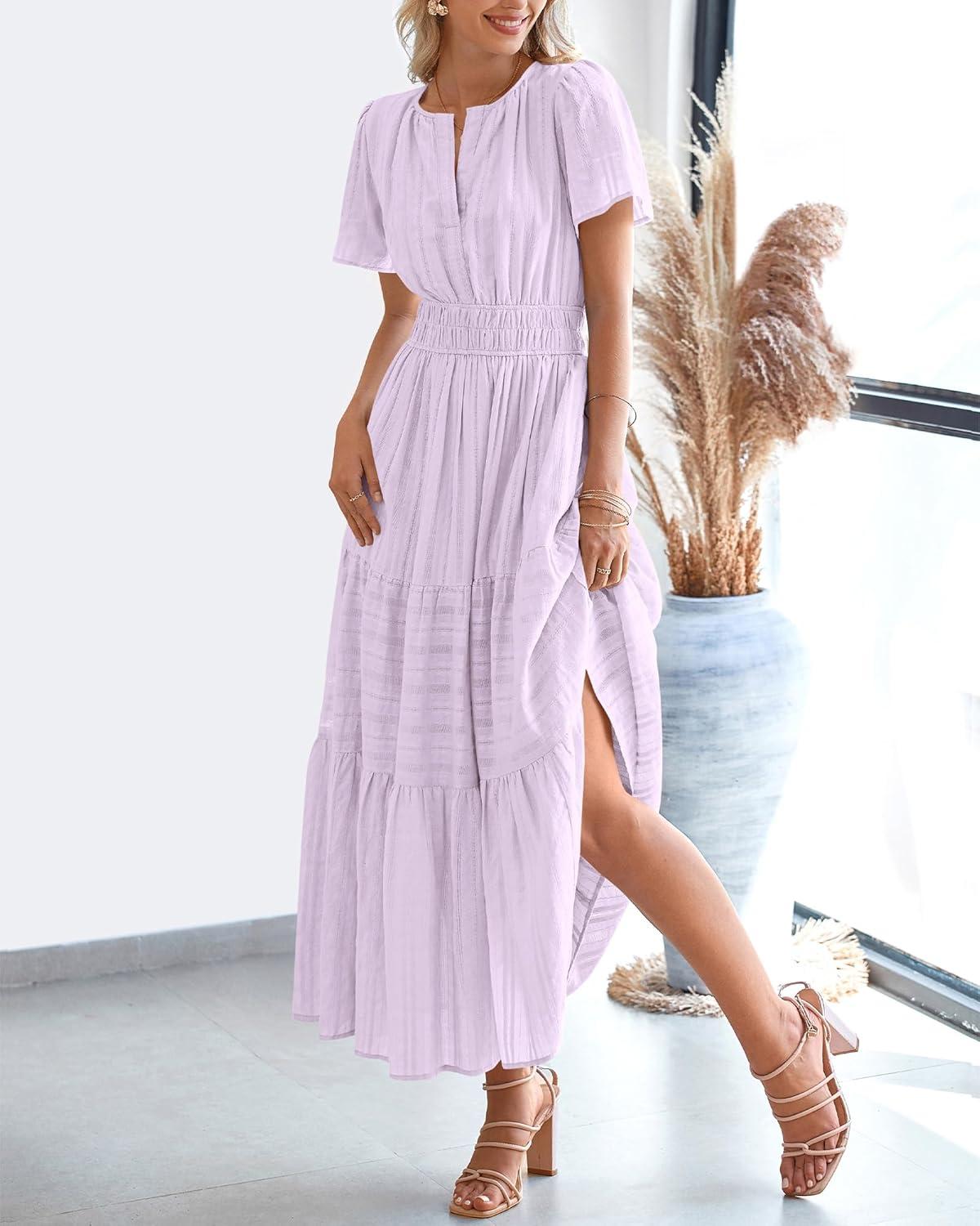 imageBTFBM Womens Summer 2025 Casual Midi Maxi Dresses Lightweight Short Sleeve V Neck Elastic Waist Boho Beach Dress PocketsLight Pink Purple