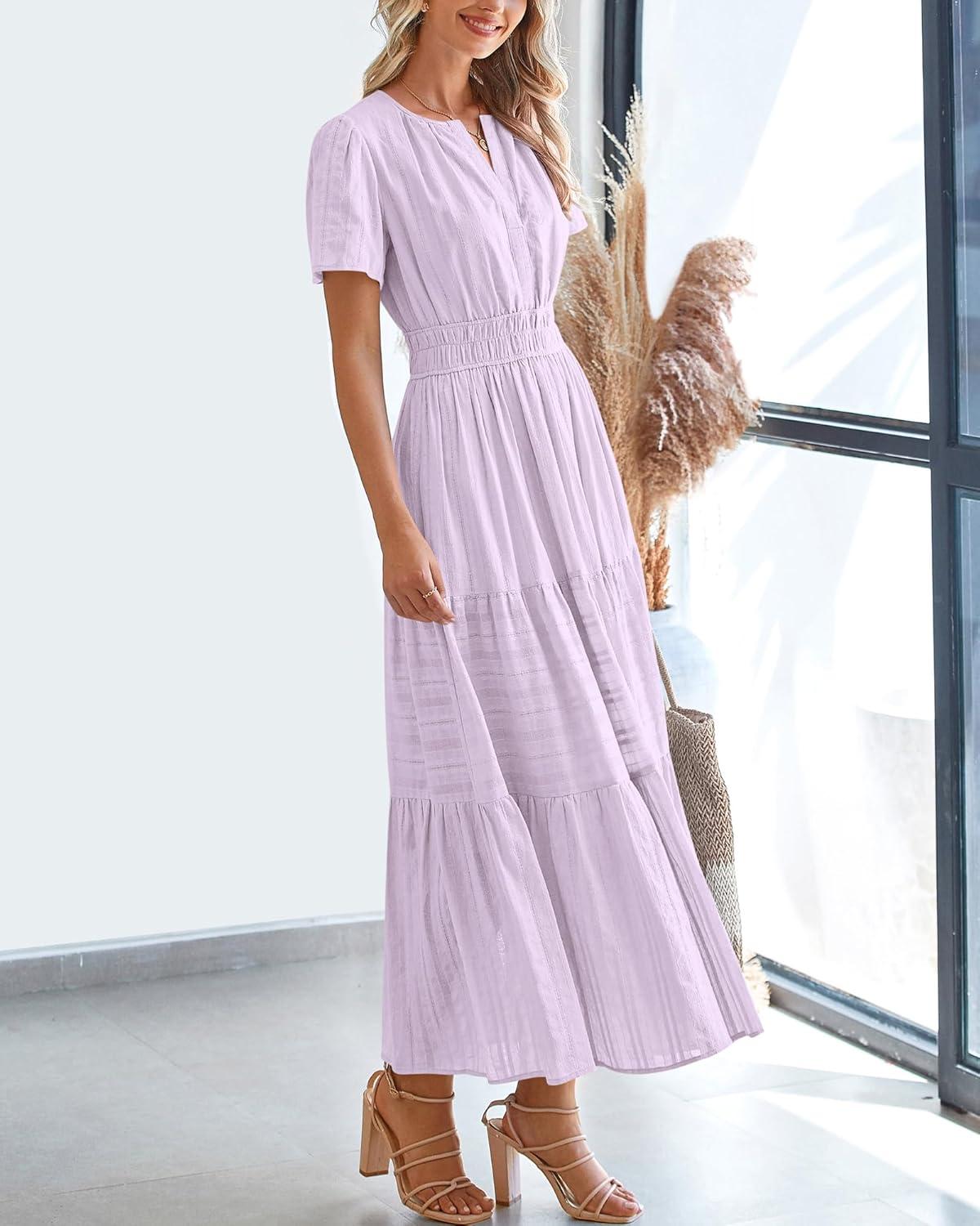 imageBTFBM Womens Summer 2025 Casual Midi Maxi Dresses Lightweight Short Sleeve V Neck Elastic Waist Boho Beach Dress PocketsLight Pink Purple