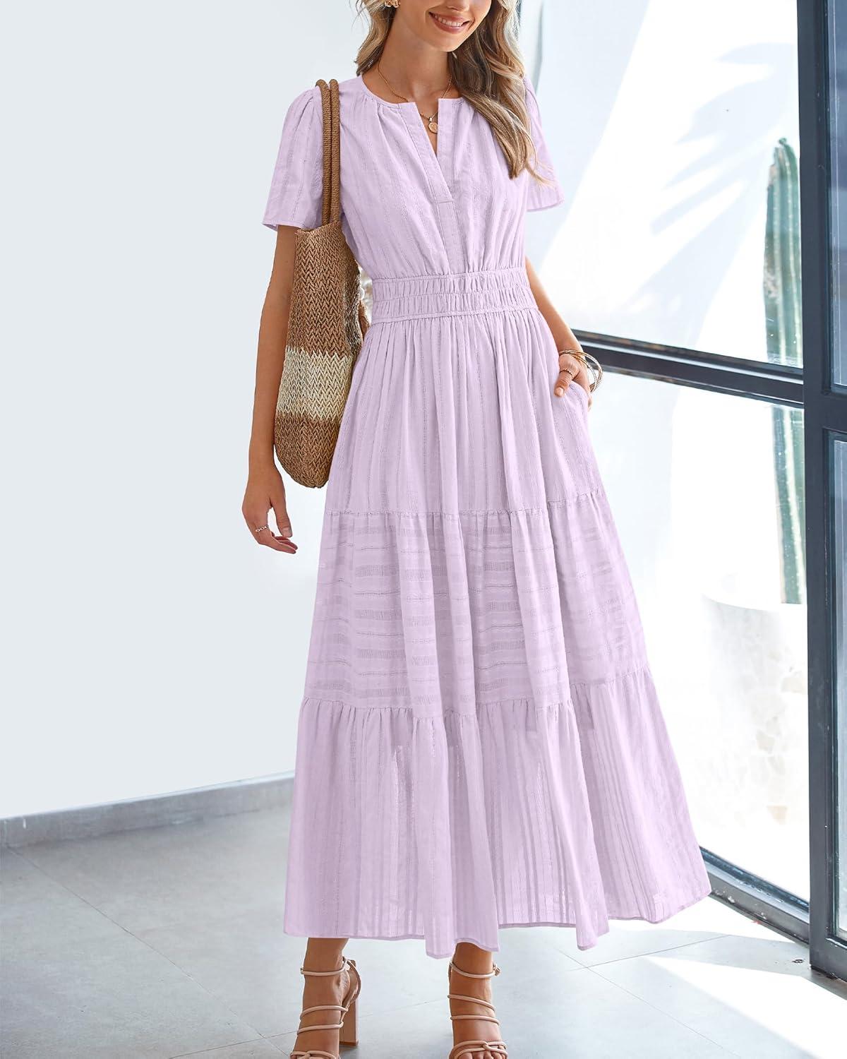 imageBTFBM Womens Summer 2025 Casual Midi Maxi Dresses Lightweight Short Sleeve V Neck Elastic Waist Boho Beach Dress PocketsLight Pink Purple