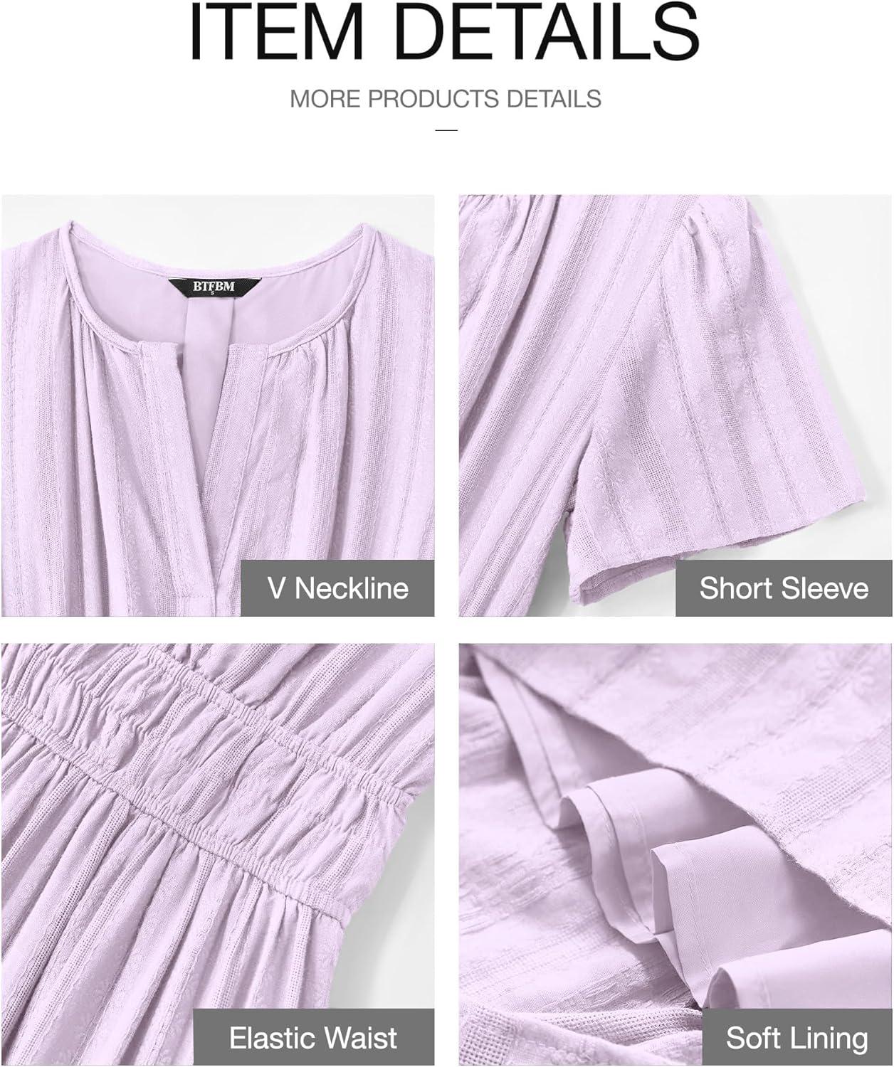 imageBTFBM Womens Summer 2025 Casual Midi Maxi Dresses Lightweight Short Sleeve V Neck Elastic Waist Boho Beach Dress PocketsLight Pink Purple