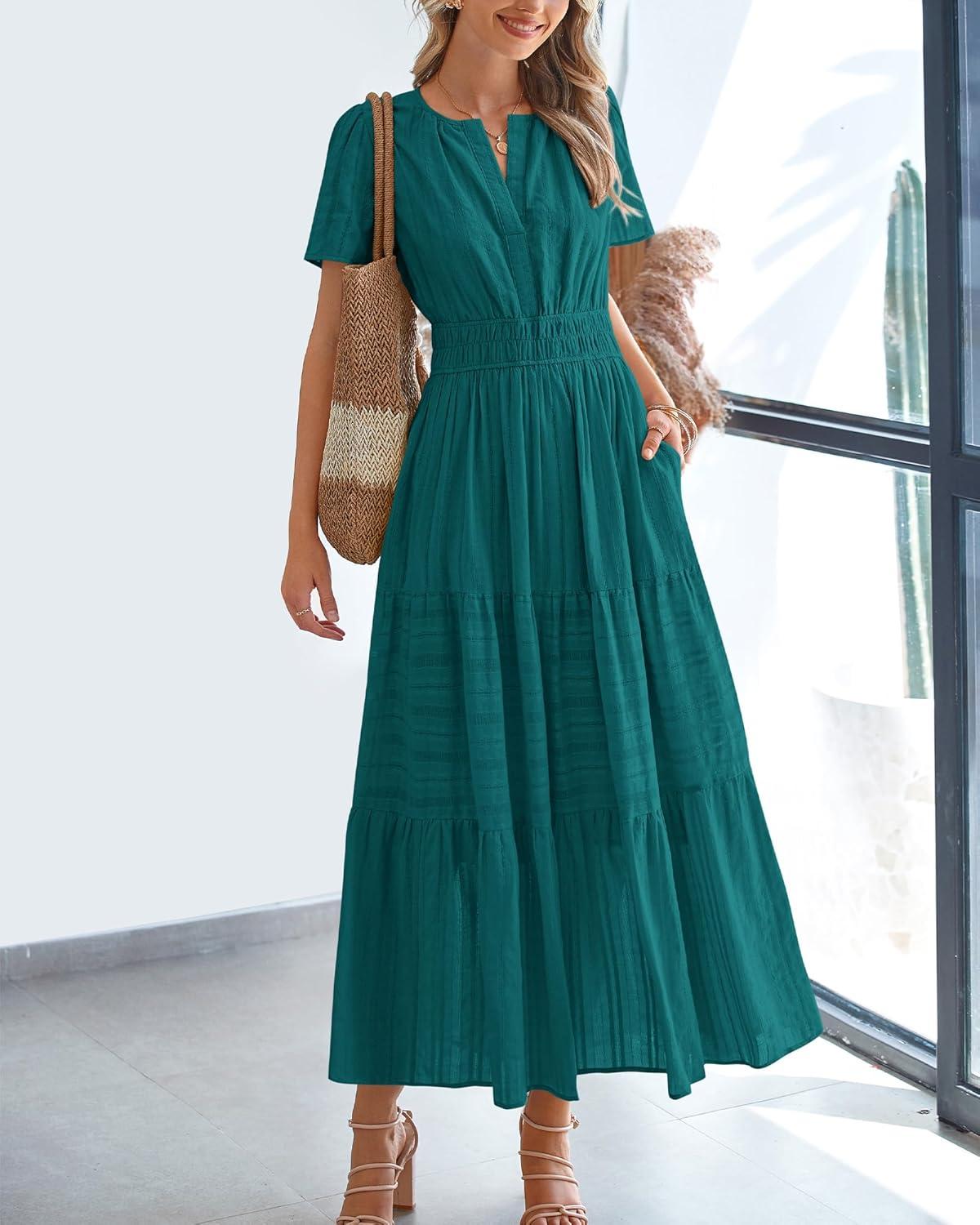 imageBTFBM Womens Summer 2025 Casual Midi Maxi Dresses Lightweight Short Sleeve V Neck Elastic Waist Boho Beach Dress PocketsMalachite Green