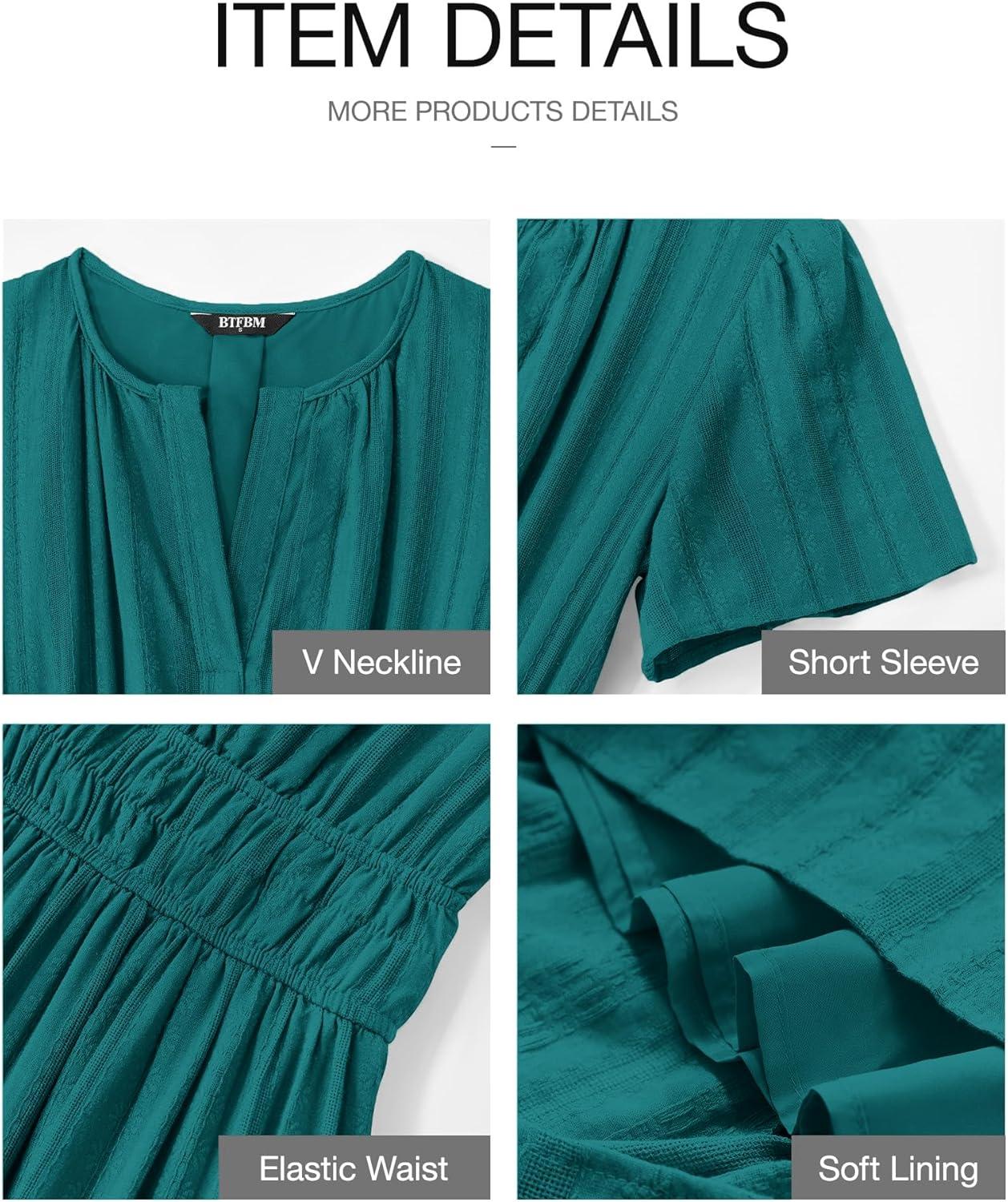 imageBTFBM Womens Summer 2025 Casual Midi Maxi Dresses Lightweight Short Sleeve V Neck Elastic Waist Boho Beach Dress PocketsMalachite Green