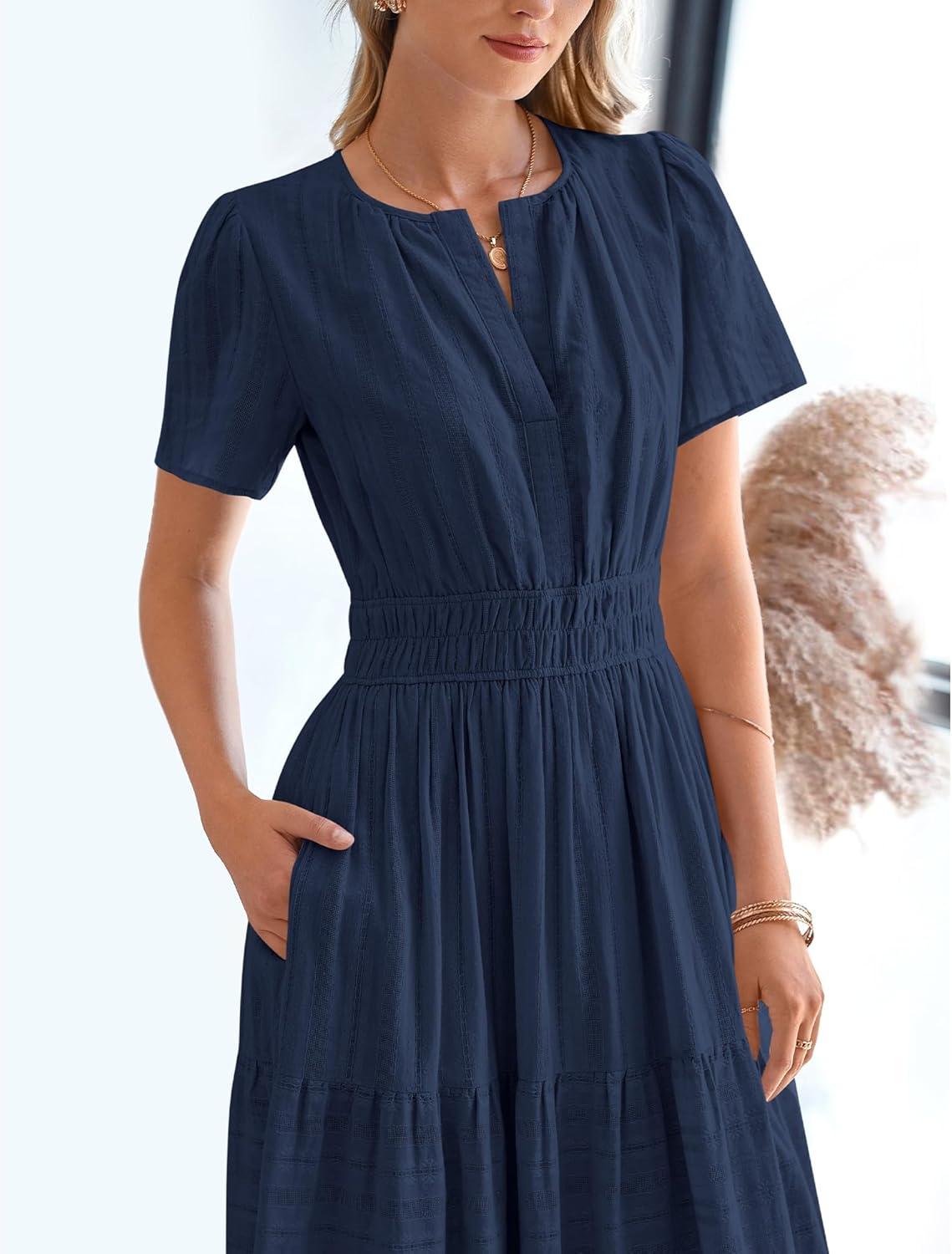 imageBTFBM Womens Summer 2025 Casual Midi Maxi Dresses Lightweight Short Sleeve V Neck Elastic Waist Boho Beach Dress PocketsNavy