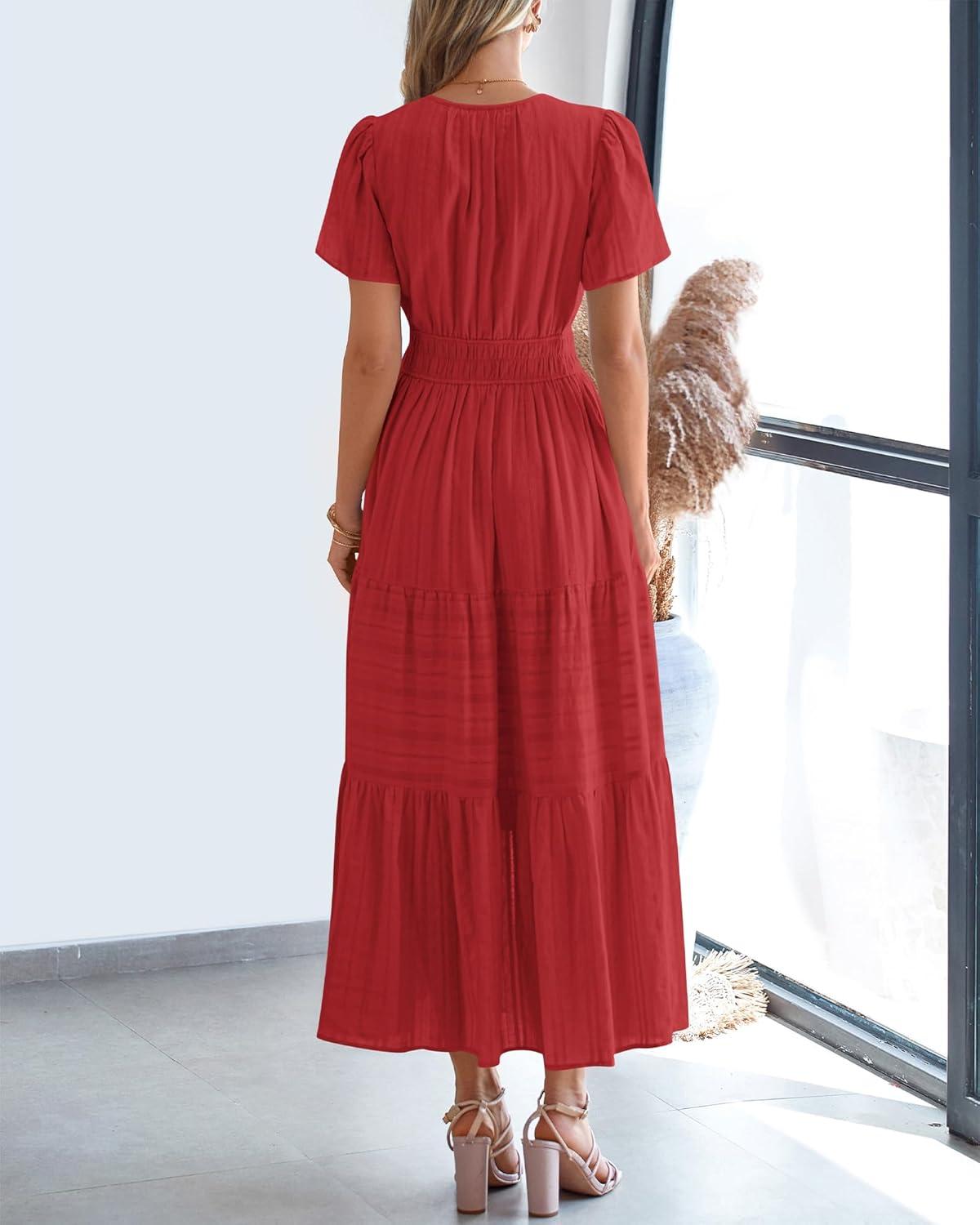 imageBTFBM Womens Summer 2025 Casual Midi Maxi Dresses Lightweight Short Sleeve V Neck Elastic Waist Boho Beach Dress PocketsRed