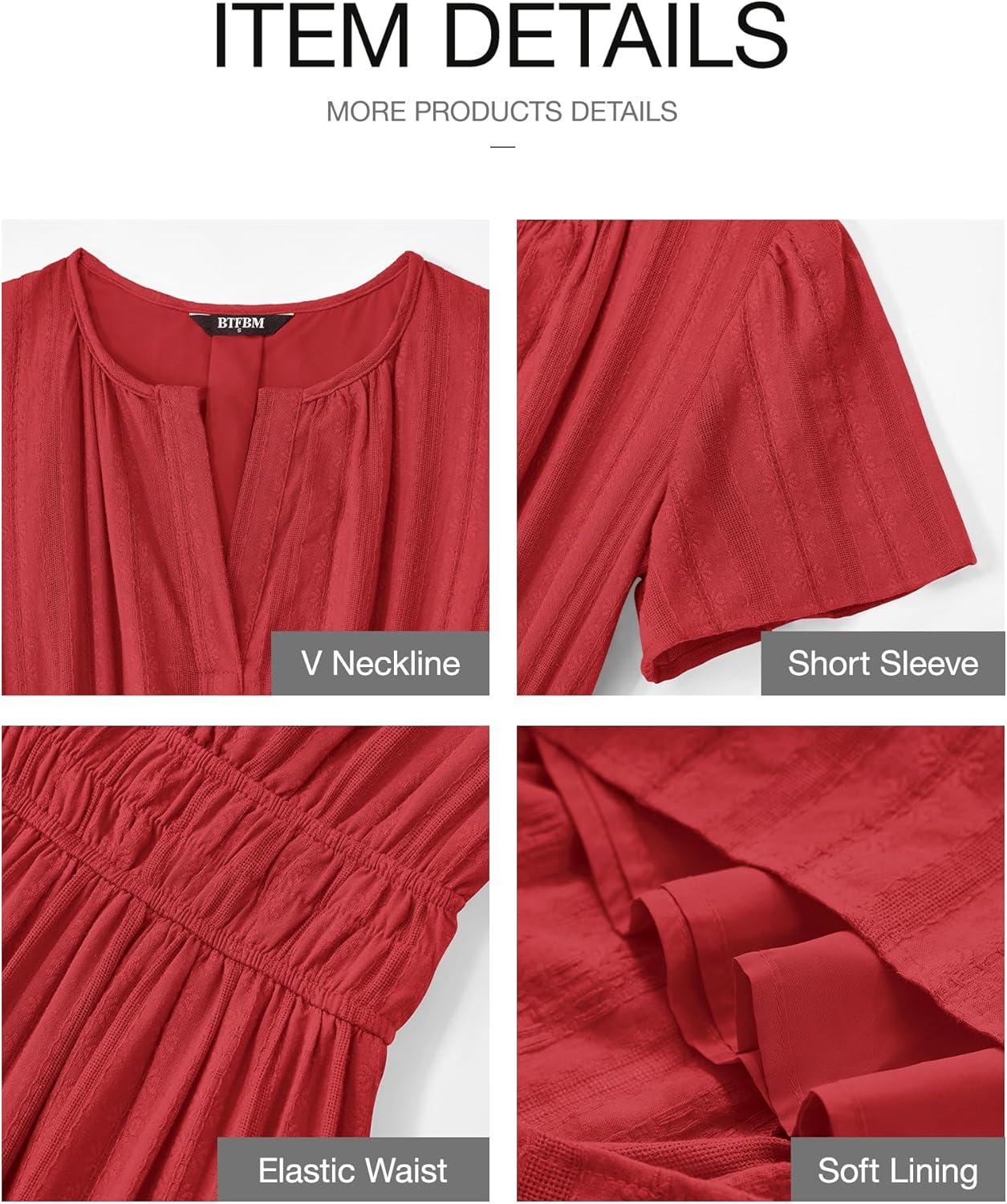 imageBTFBM Womens Summer 2025 Casual Midi Maxi Dresses Lightweight Short Sleeve V Neck Elastic Waist Boho Beach Dress PocketsRed
