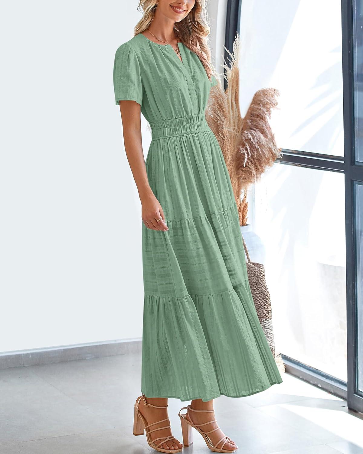 imageBTFBM Womens Summer 2025 Casual Midi Maxi Dresses Lightweight Short Sleeve V Neck Elastic Waist Boho Beach Dress PocketsSage Green