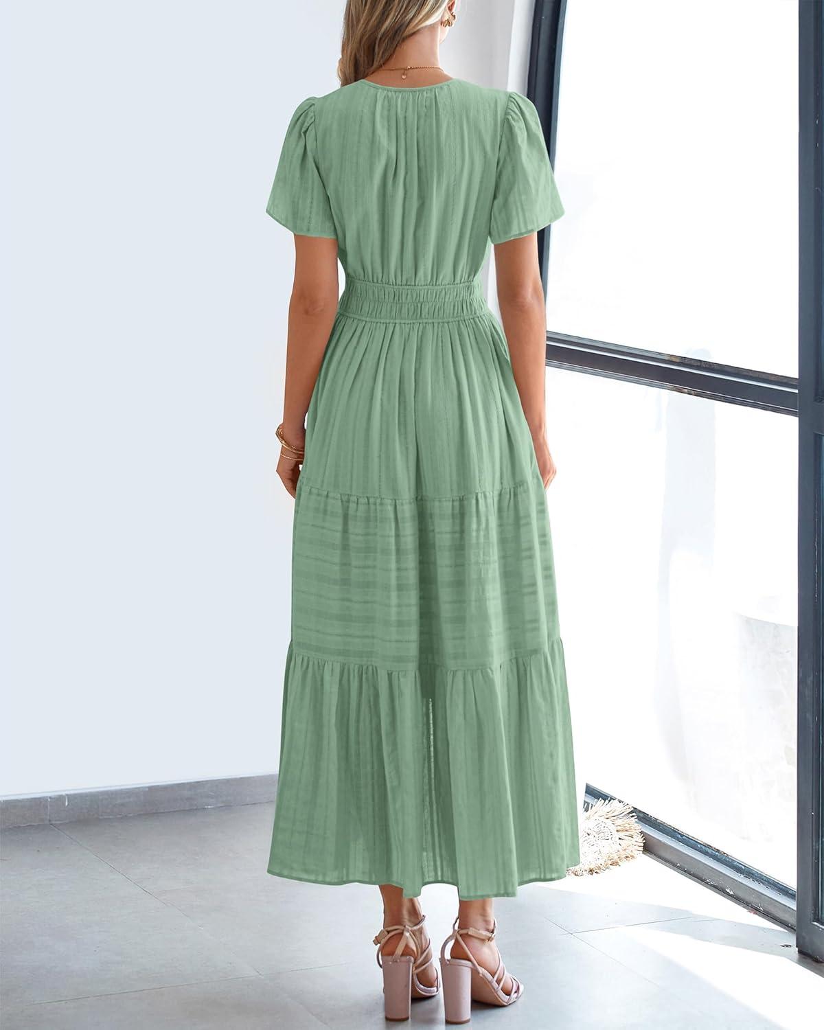 imageBTFBM Womens Summer 2025 Casual Midi Maxi Dresses Lightweight Short Sleeve V Neck Elastic Waist Boho Beach Dress PocketsSage Green