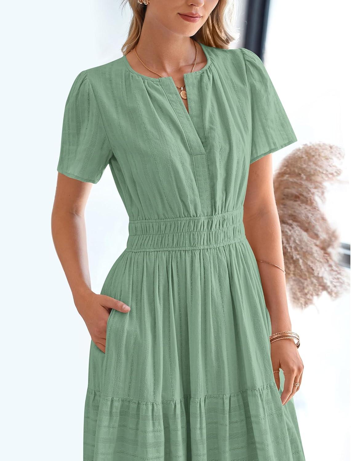 imageBTFBM Womens Summer 2025 Casual Midi Maxi Dresses Lightweight Short Sleeve V Neck Elastic Waist Boho Beach Dress PocketsSage Green