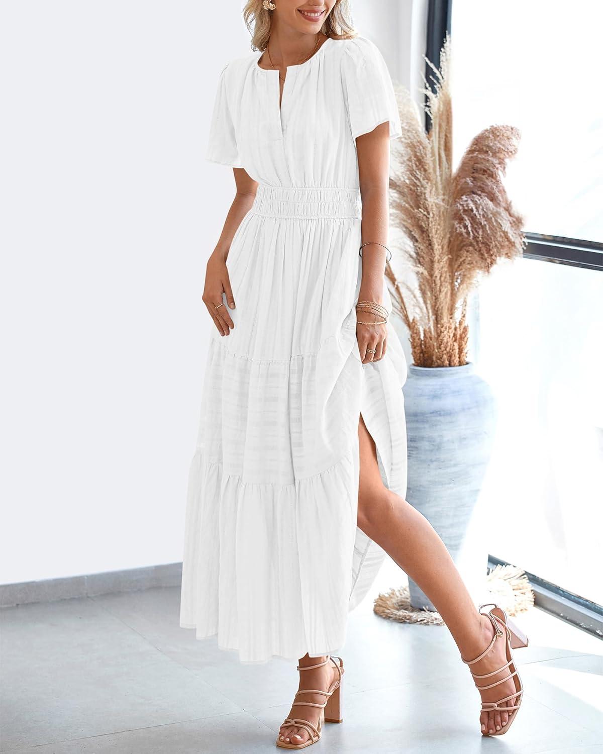 imageBTFBM Womens Summer 2025 Casual Midi Maxi Dresses Lightweight Short Sleeve V Neck Elastic Waist Boho Beach Dress PocketsWhite