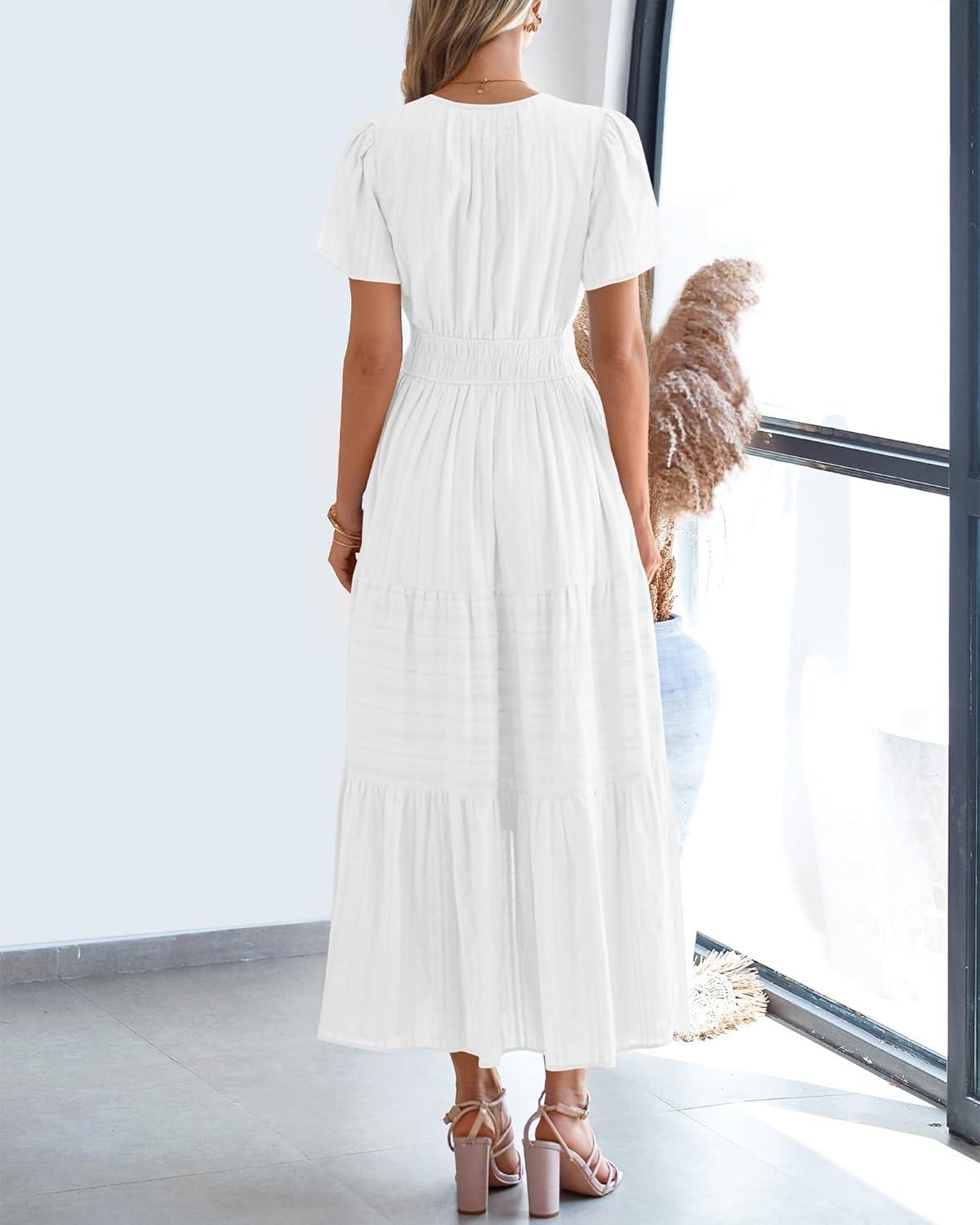 imageBTFBM Womens Summer 2025 Casual Midi Maxi Dresses Lightweight Short Sleeve V Neck Elastic Waist Boho Beach Dress PocketsWhite