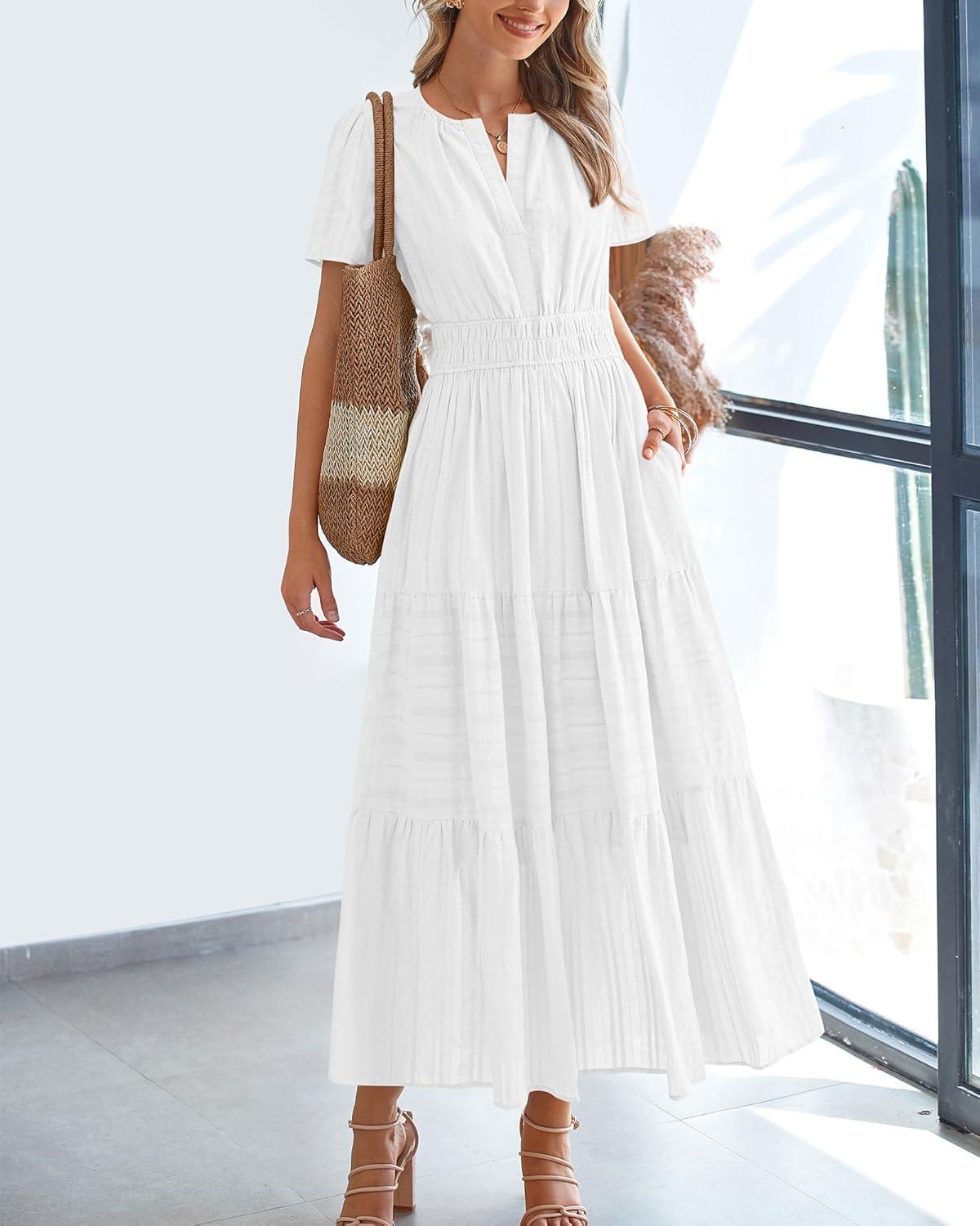 imageBTFBM Womens Summer 2025 Casual Midi Maxi Dresses Lightweight Short Sleeve V Neck Elastic Waist Boho Beach Dress PocketsWhite