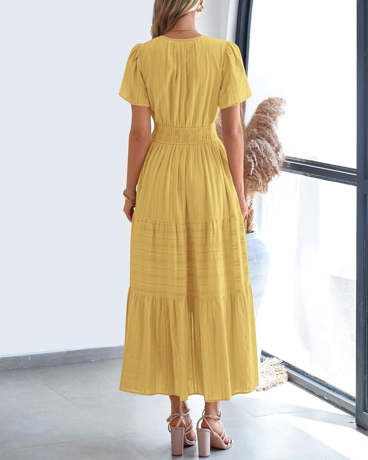 imageBTFBM Womens Summer 2025 Casual Midi Maxi Dresses Lightweight Short Sleeve V Neck Elastic Waist Boho Beach Dress PocketsYellow