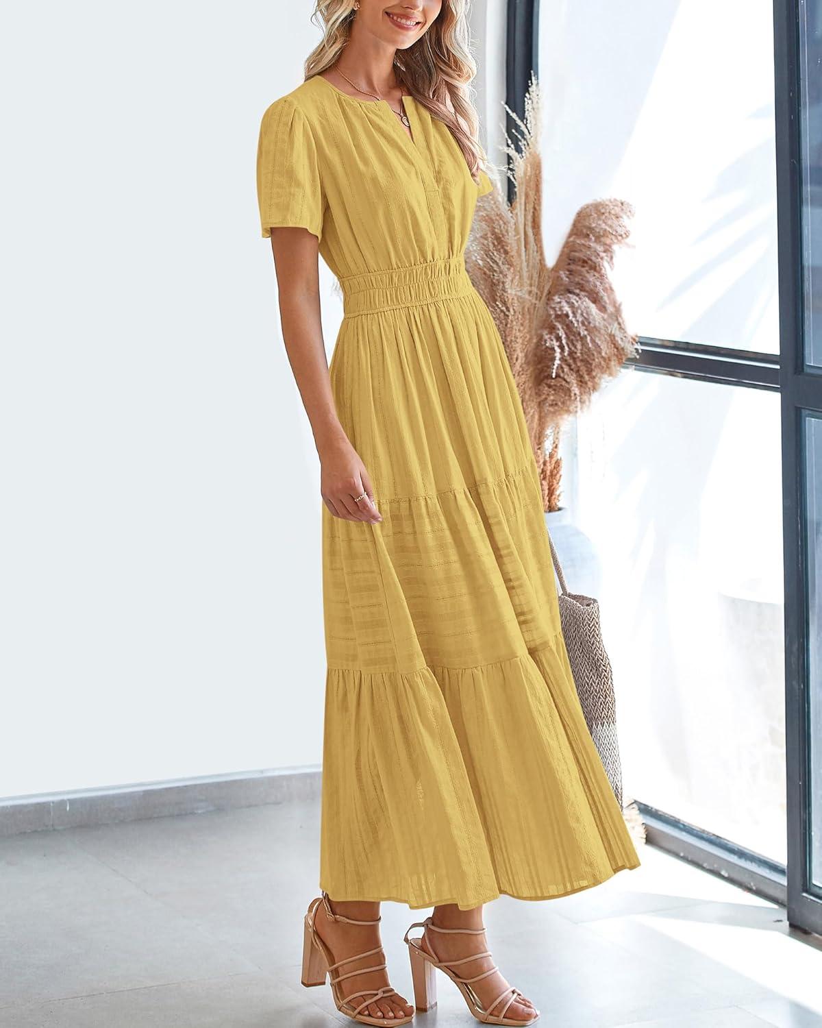 imageBTFBM Womens Summer 2025 Casual Midi Maxi Dresses Lightweight Short Sleeve V Neck Elastic Waist Boho Beach Dress PocketsYellow