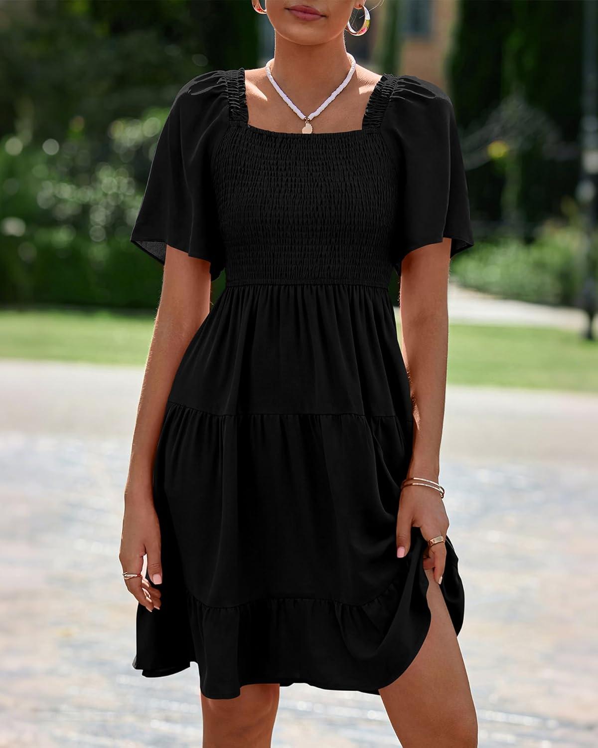 imageBTFBM Womens Summer Smocked Mini Dress Spring Square Neck Flutter Sleeve Casual Ruffle Swing Boho Beach Dresses PocketsBlack