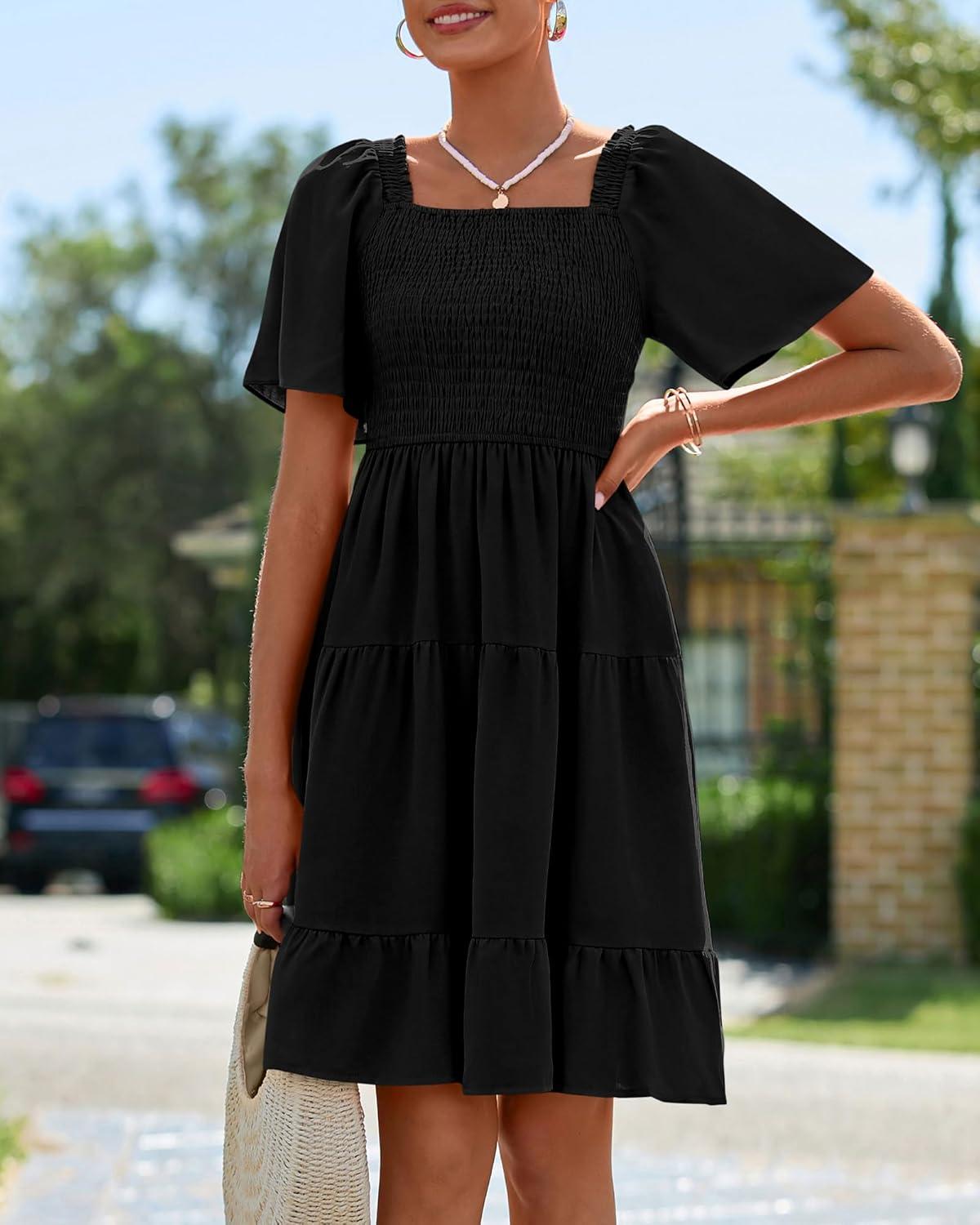 imageBTFBM Womens Summer Smocked Mini Dress Spring Square Neck Flutter Sleeve Casual Ruffle Swing Boho Beach Dresses PocketsBlack