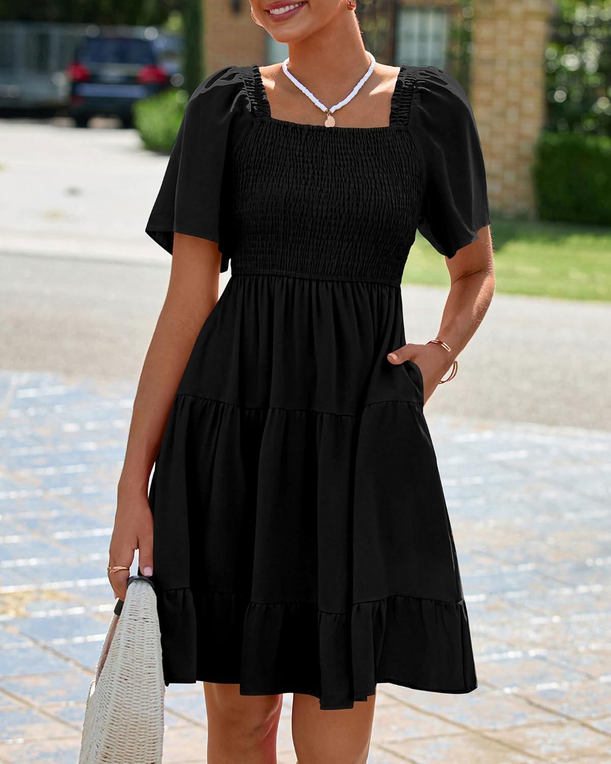 imageBTFBM Womens Summer Smocked Mini Dress Spring Square Neck Flutter Sleeve Casual Ruffle Swing Boho Beach Dresses PocketsBlack