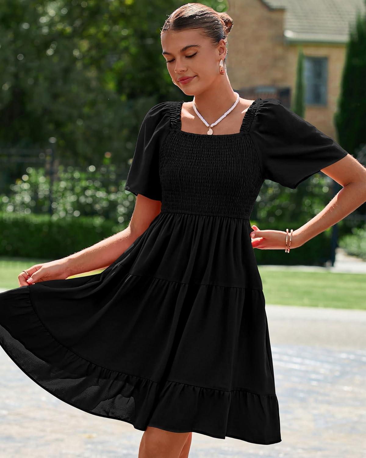imageBTFBM Womens Summer Smocked Mini Dress Spring Square Neck Flutter Sleeve Casual Ruffle Swing Boho Beach Dresses PocketsBlack