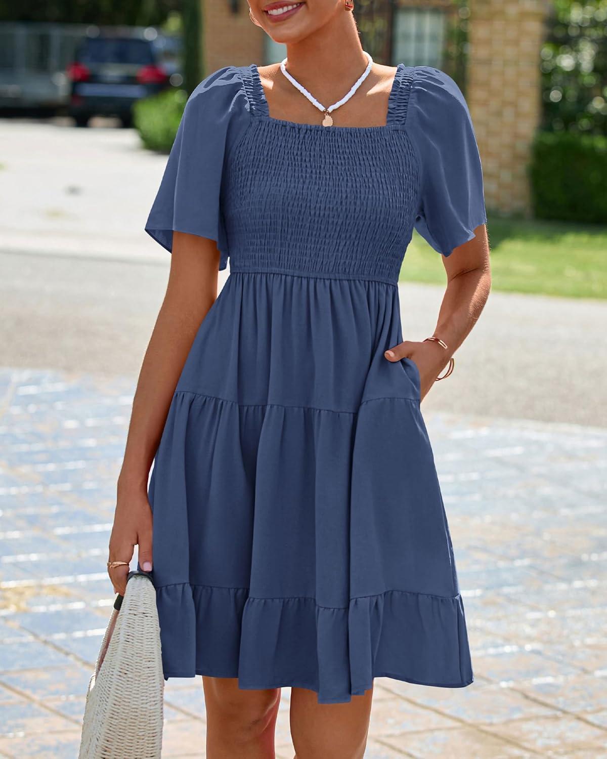 imageBTFBM Womens Summer Smocked Mini Dress Spring Square Neck Flutter Sleeve Casual Ruffle Swing Boho Beach Dresses PocketsGrey Blue