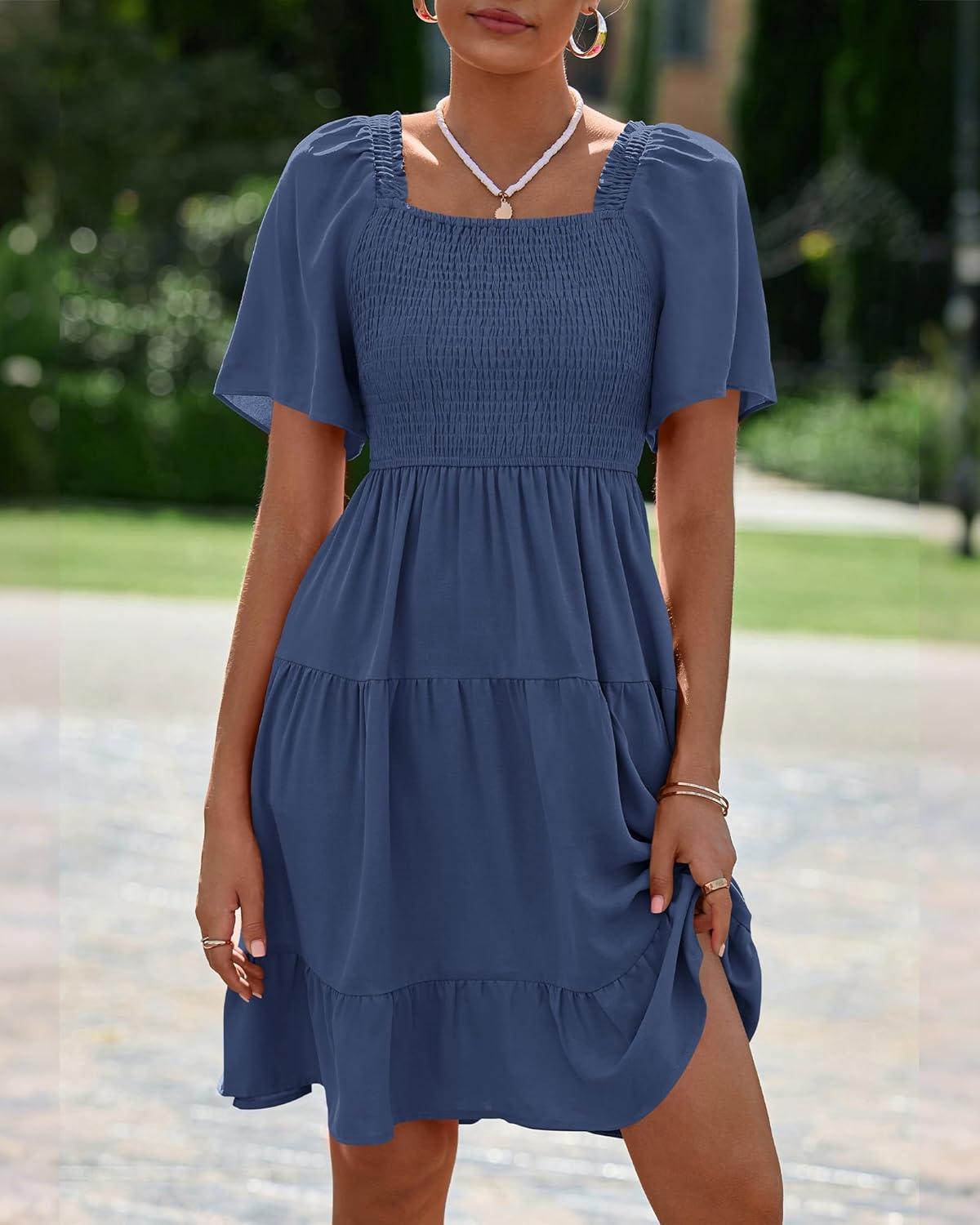 imageBTFBM Womens Summer Smocked Mini Dress Spring Square Neck Flutter Sleeve Casual Ruffle Swing Boho Beach Dresses PocketsGrey Blue