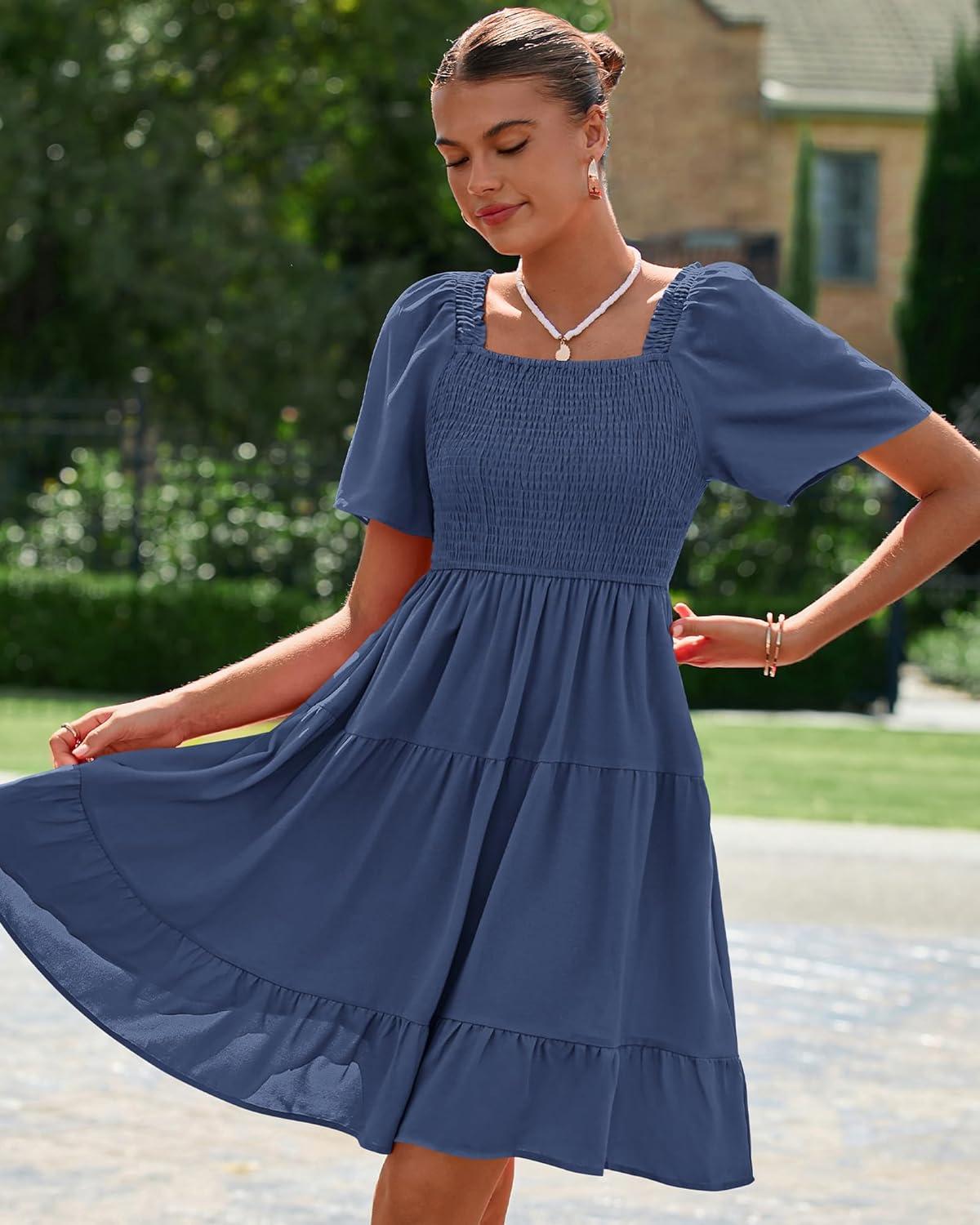 imageBTFBM Womens Summer Smocked Mini Dress Spring Square Neck Flutter Sleeve Casual Ruffle Swing Boho Beach Dresses PocketsGrey Blue