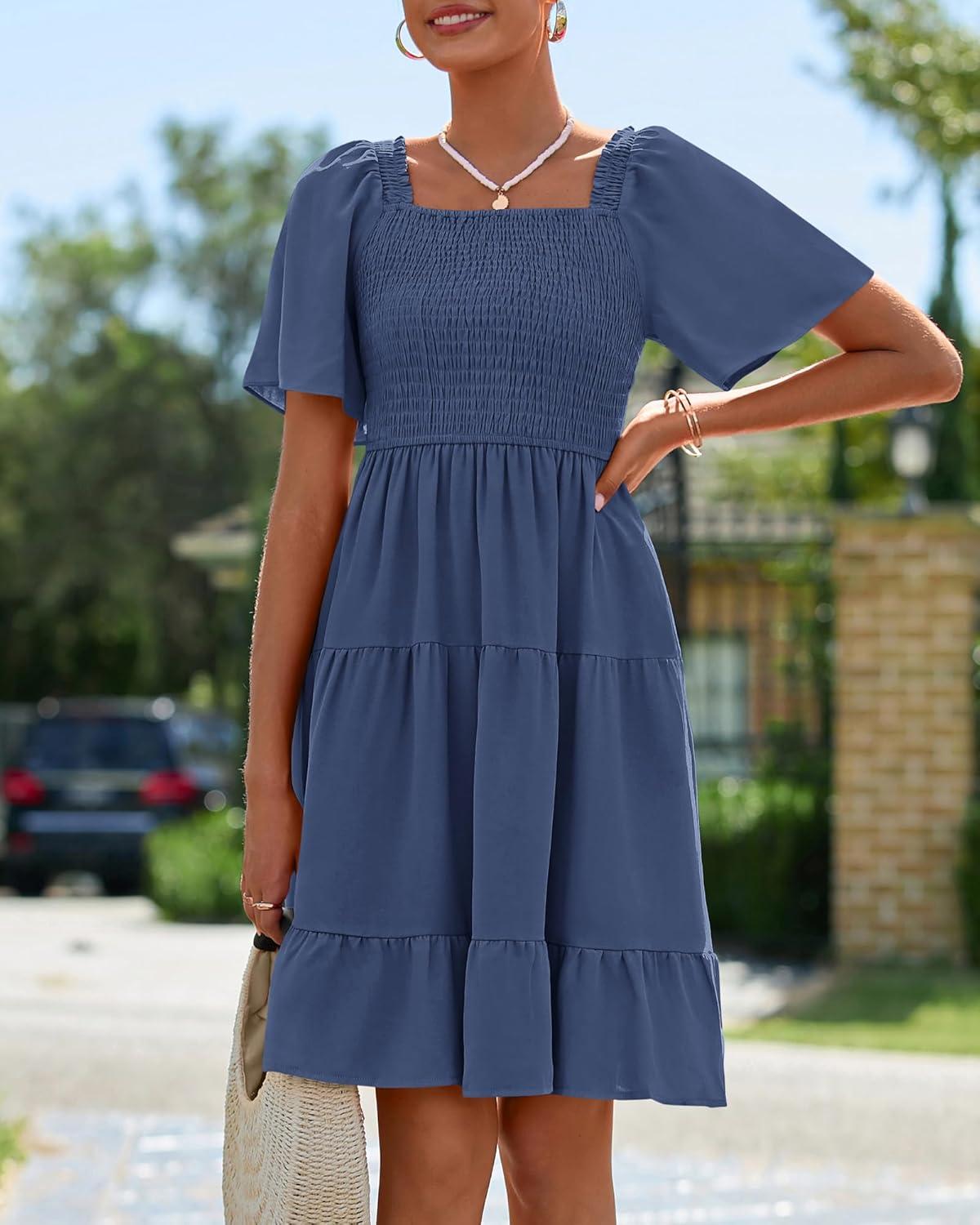imageBTFBM Womens Summer Smocked Mini Dress Spring Square Neck Flutter Sleeve Casual Ruffle Swing Boho Beach Dresses PocketsGrey Blue