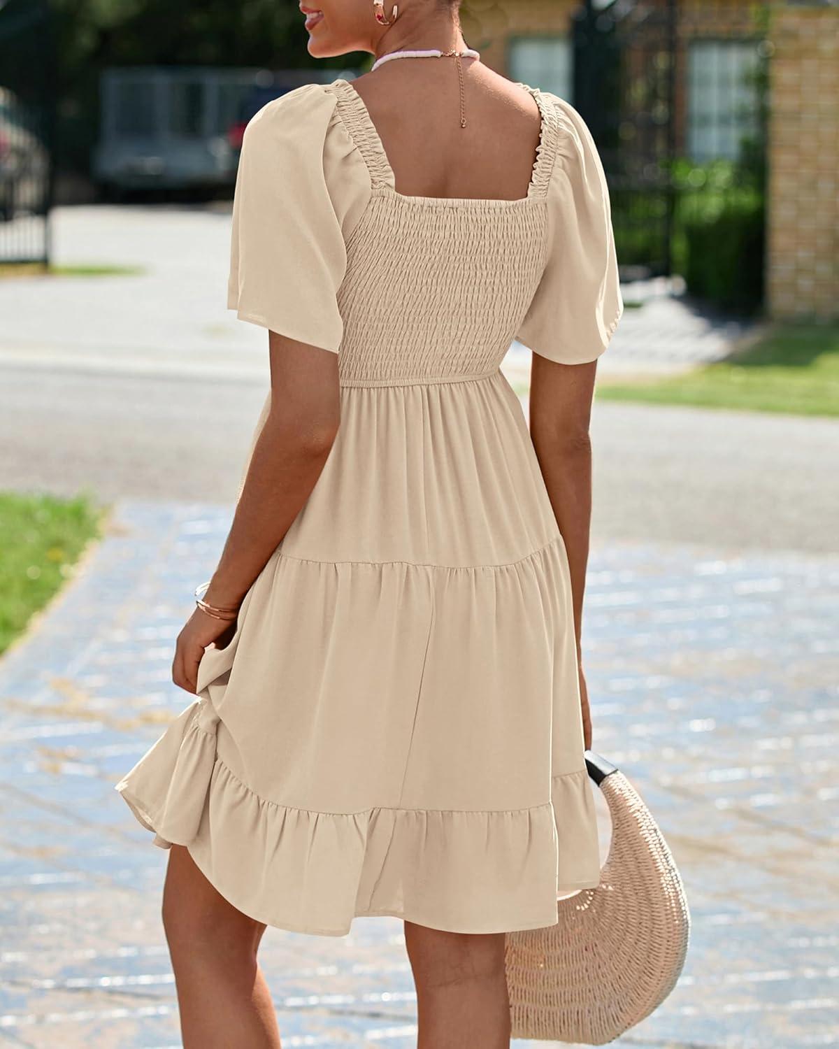 imageBTFBM Womens Summer Smocked Mini Dress Spring Square Neck Flutter Sleeve Casual Ruffle Swing Boho Beach Dresses PocketsKhaki