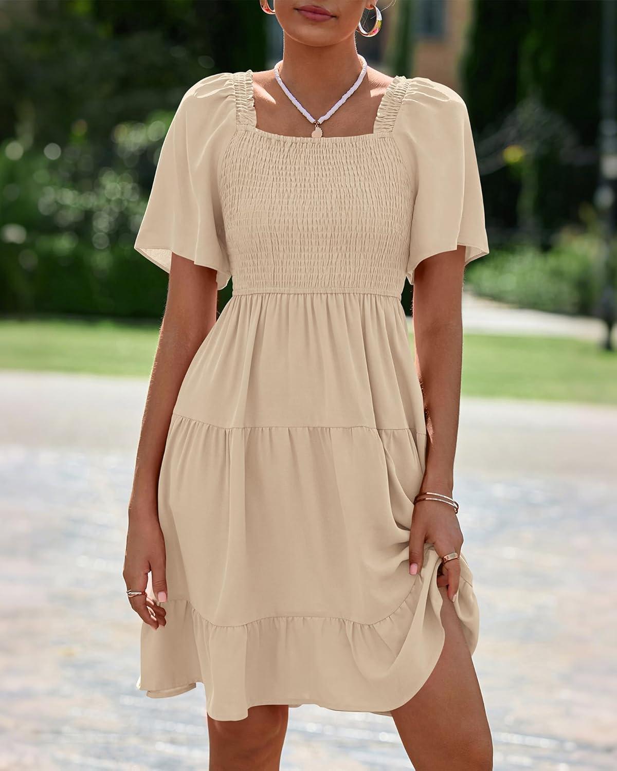 imageBTFBM Womens Summer Smocked Mini Dress Spring Square Neck Flutter Sleeve Casual Ruffle Swing Boho Beach Dresses PocketsKhaki