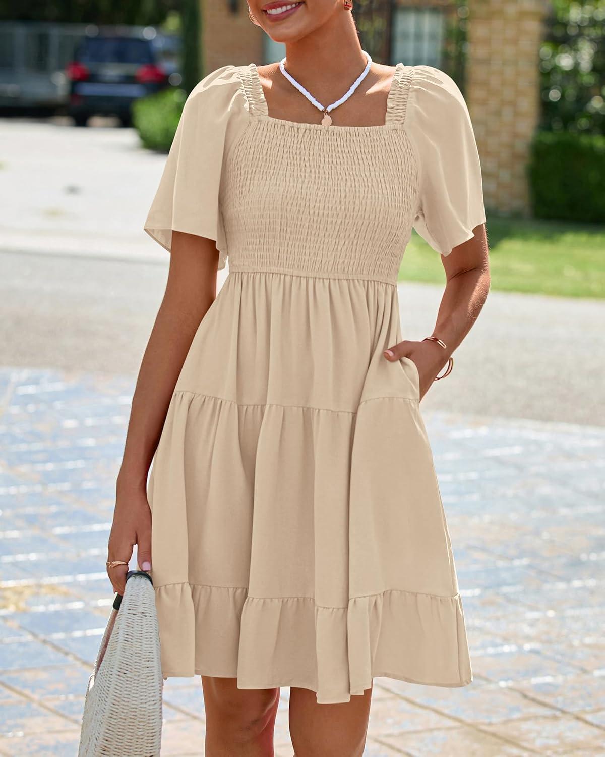 imageBTFBM Womens Summer Smocked Mini Dress Spring Square Neck Flutter Sleeve Casual Ruffle Swing Boho Beach Dresses PocketsKhaki