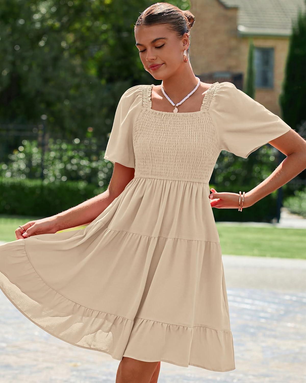 imageBTFBM Womens Summer Smocked Mini Dress Spring Square Neck Flutter Sleeve Casual Ruffle Swing Boho Beach Dresses PocketsKhaki