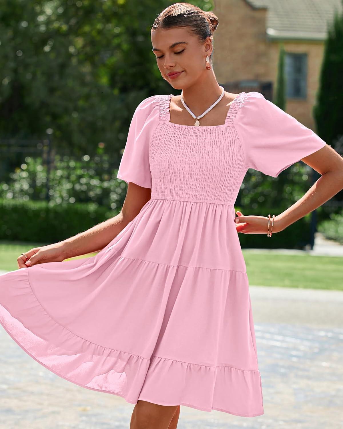 imageBTFBM Womens Summer Smocked Mini Dress Spring Square Neck Flutter Sleeve Casual Ruffle Swing Boho Beach Dresses PocketsPink