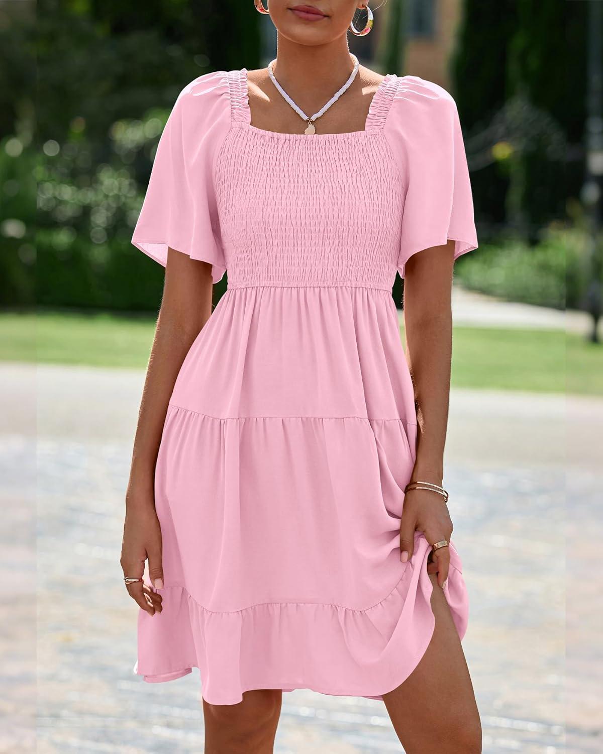 imageBTFBM Womens Summer Smocked Mini Dress Spring Square Neck Flutter Sleeve Casual Ruffle Swing Boho Beach Dresses PocketsPink