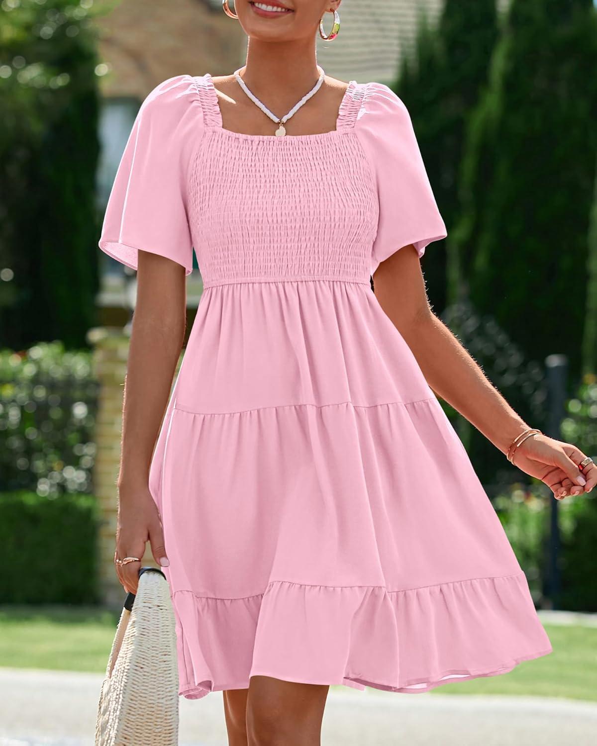 imageBTFBM Womens Summer Smocked Mini Dress Spring Square Neck Flutter Sleeve Casual Ruffle Swing Boho Beach Dresses PocketsPink