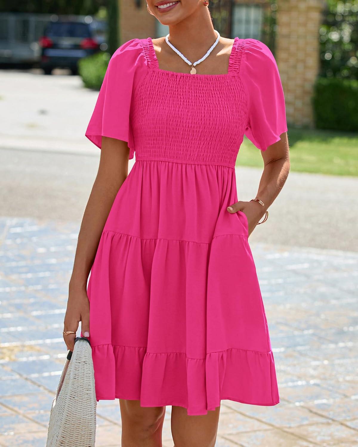 imageBTFBM Womens Summer Smocked Mini Dress Spring Square Neck Flutter Sleeve Casual Ruffle Swing Boho Beach Dresses PocketsRose Red