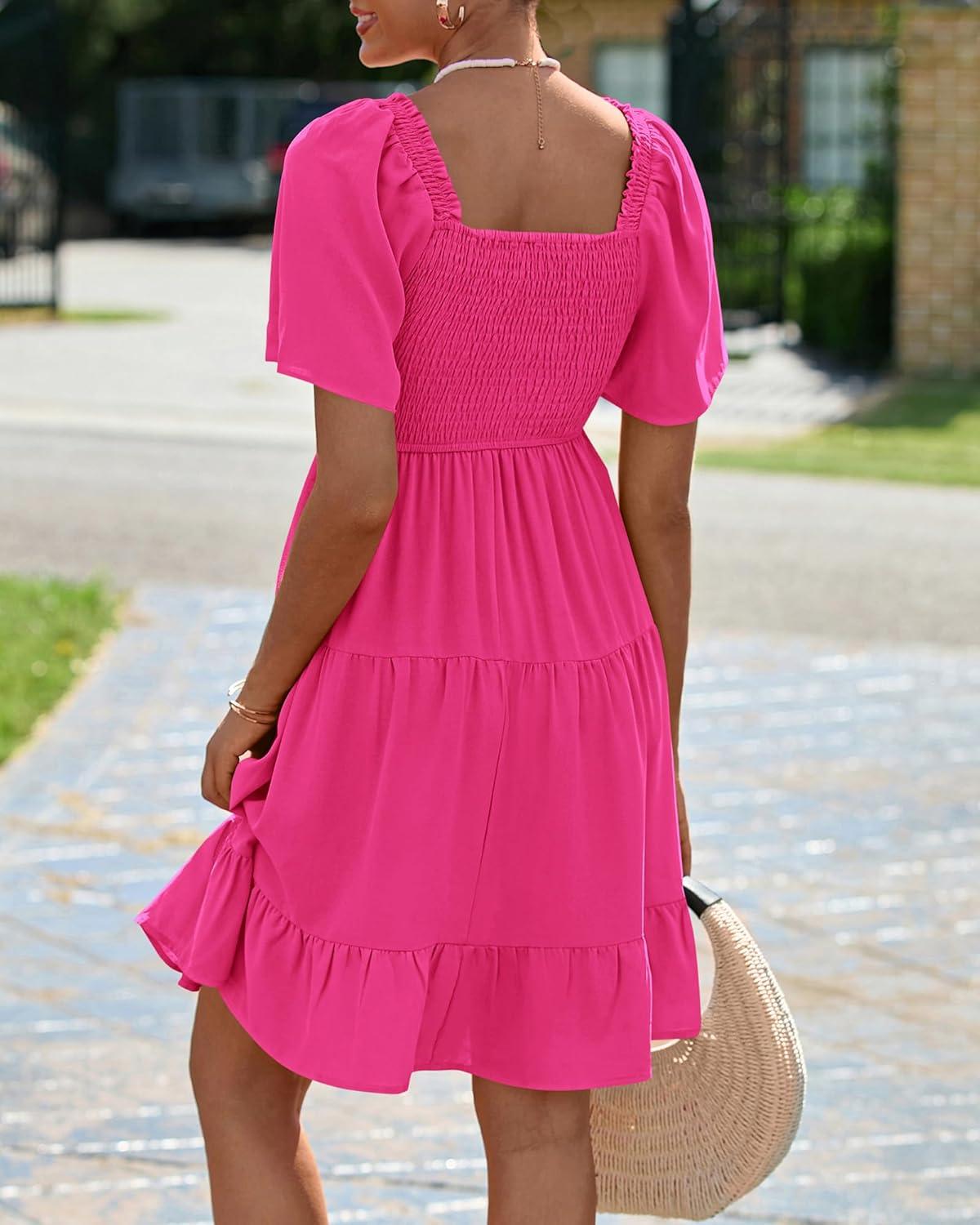 imageBTFBM Womens Summer Smocked Mini Dress Spring Square Neck Flutter Sleeve Casual Ruffle Swing Boho Beach Dresses PocketsRose Red