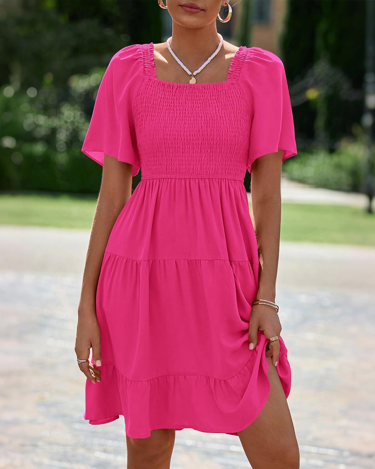 imageBTFBM Womens Summer Smocked Mini Dress Spring Square Neck Flutter Sleeve Casual Ruffle Swing Boho Beach Dresses PocketsRose Red